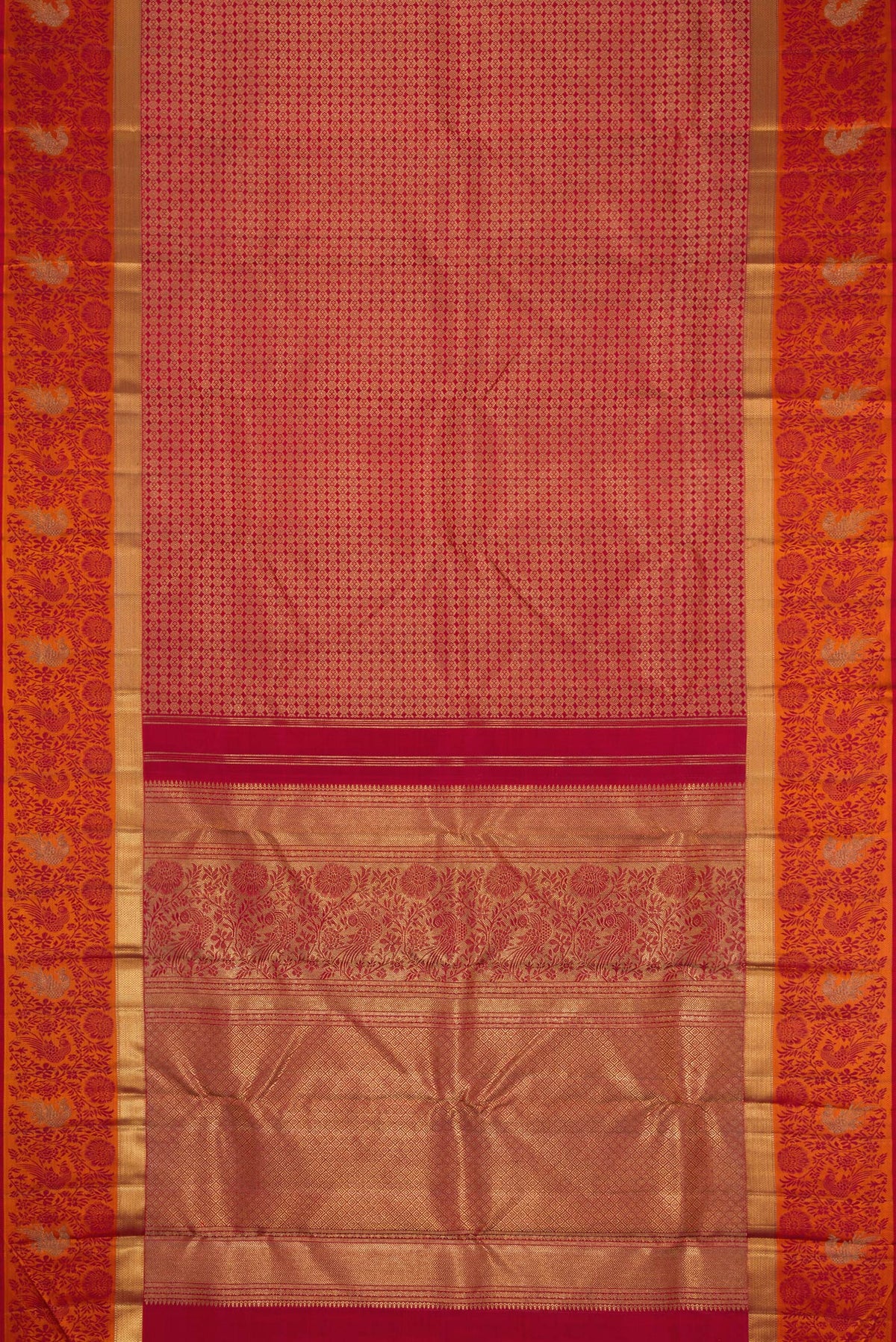 Flat view of Pure Silk Pure Zari Maroon Dual Tone Kanchipuram Saree with Jacquard design on the body and Fancy Border. 