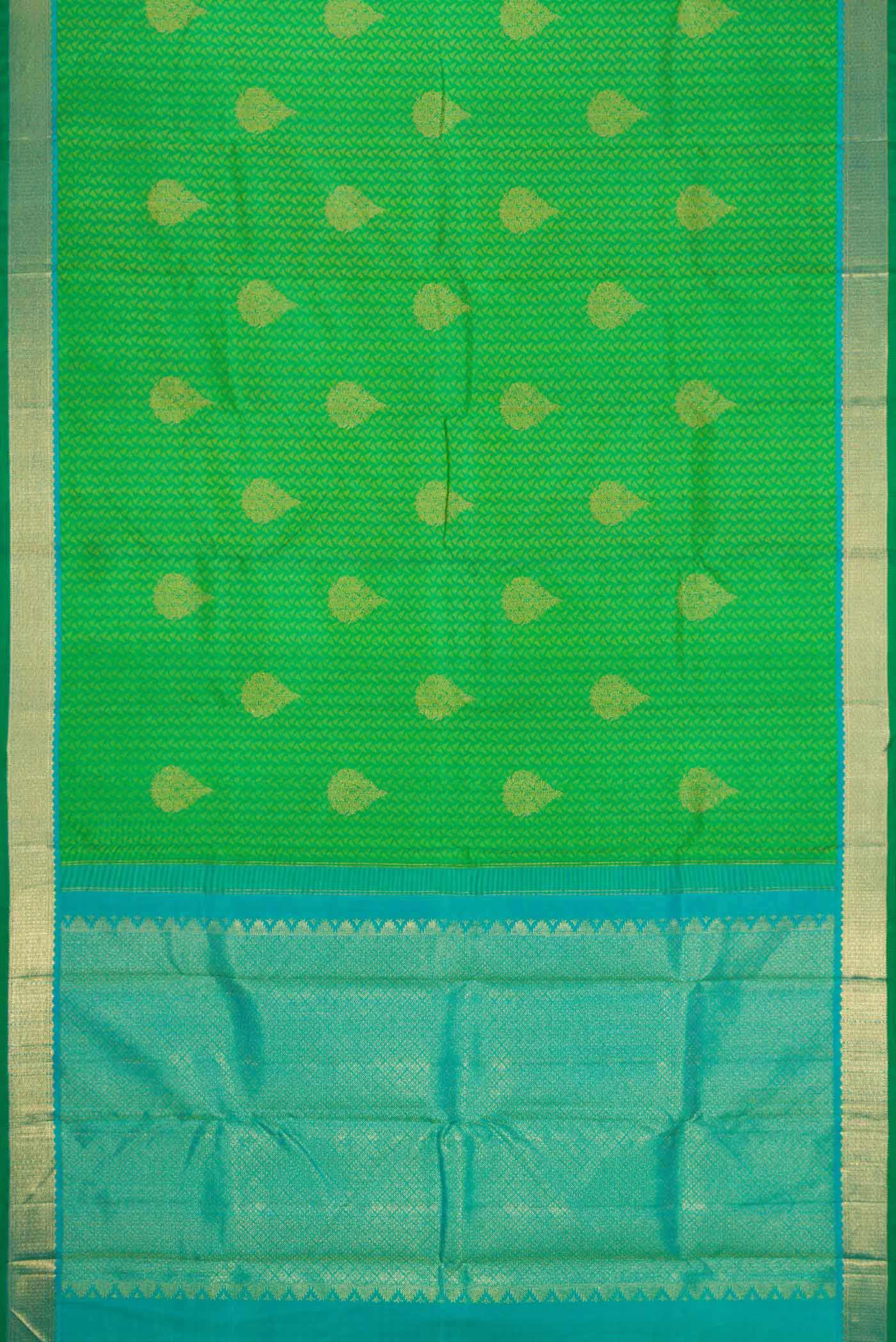 Flat view of Green Dual Tone Kanjivaram Silk Saree with Jacquard With Zari Butta on the body and Zari Border. 