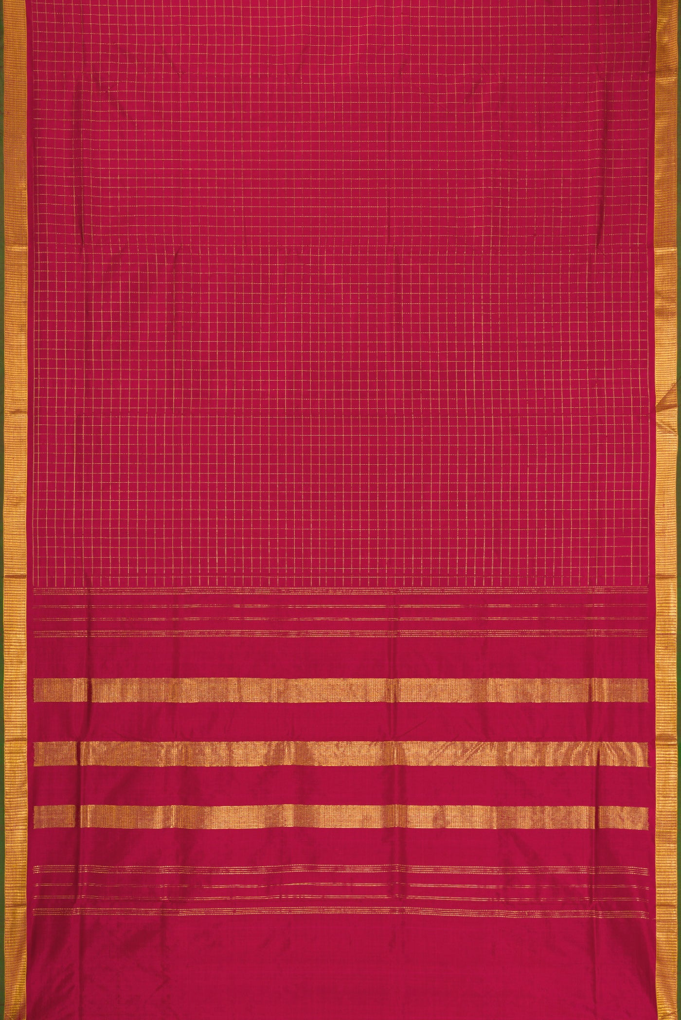Flat view of Maroon Kanchipuram Silk Nine Yards Saree with Checked design on the body and Zari Border. 
