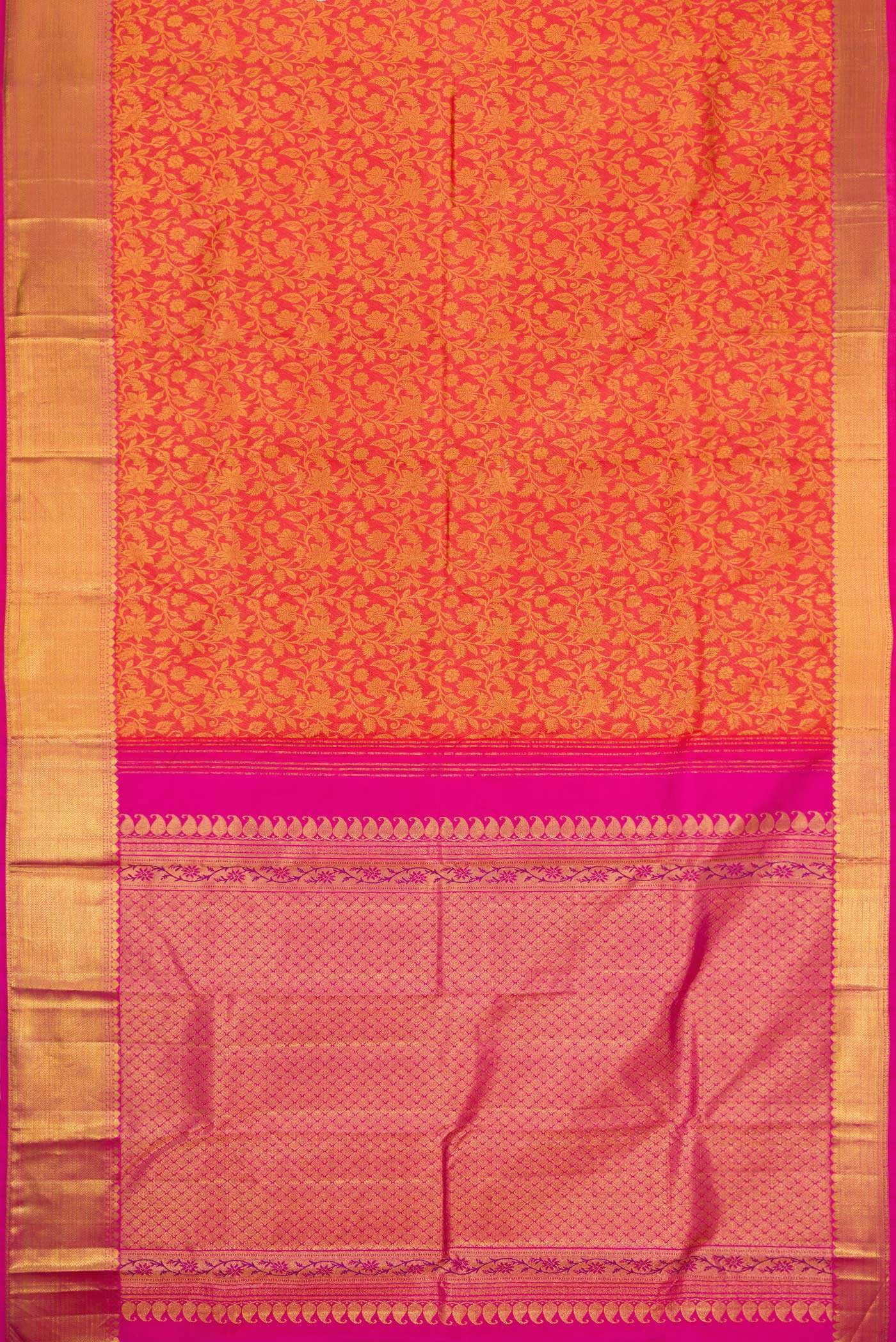 Flat view of Coral Dual Tone Kanjivaram Silk Saree with Zari Brocade on the body and Zari Border. 