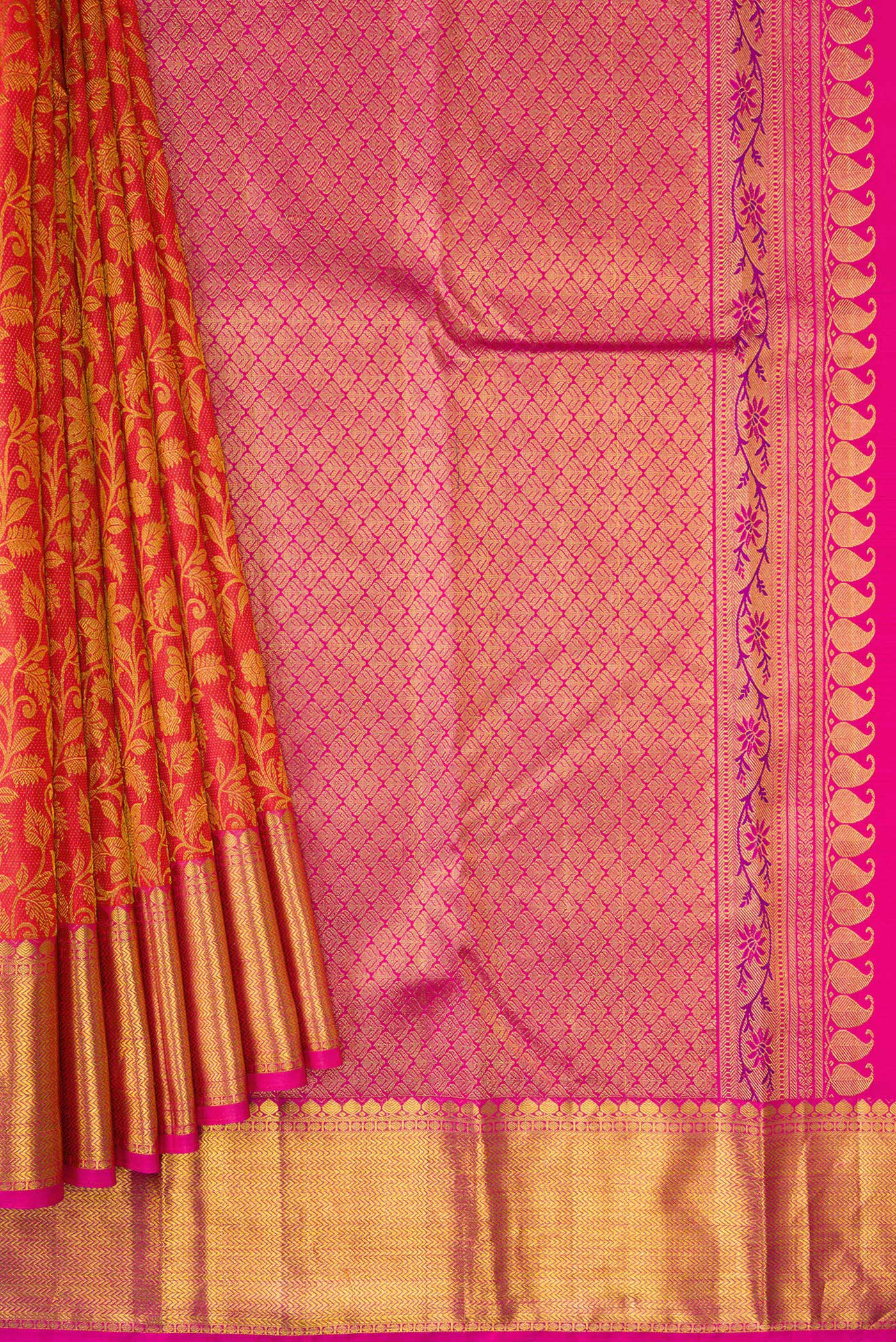 Pleats and pallu of Coral Dual Tone Kanjivaram Silk Saree with Zari Brocade on the body and Zari Border. 