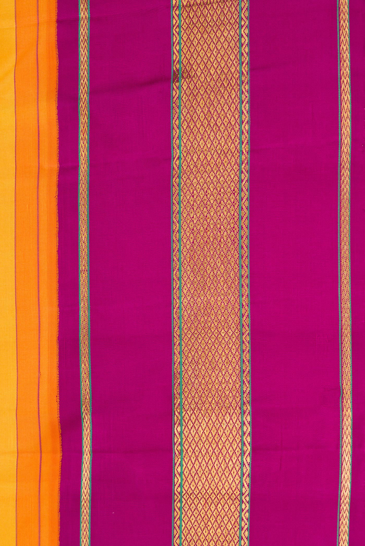 Border image of Mustard and Orange Color Kanjivaram Silk Saree with Stripes on the body and Zari Border. 