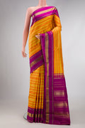 Mustard and Orange Color Kanjivaram Silk Saree with Stripes on the body and Zari Border.  displayed on a mannequin