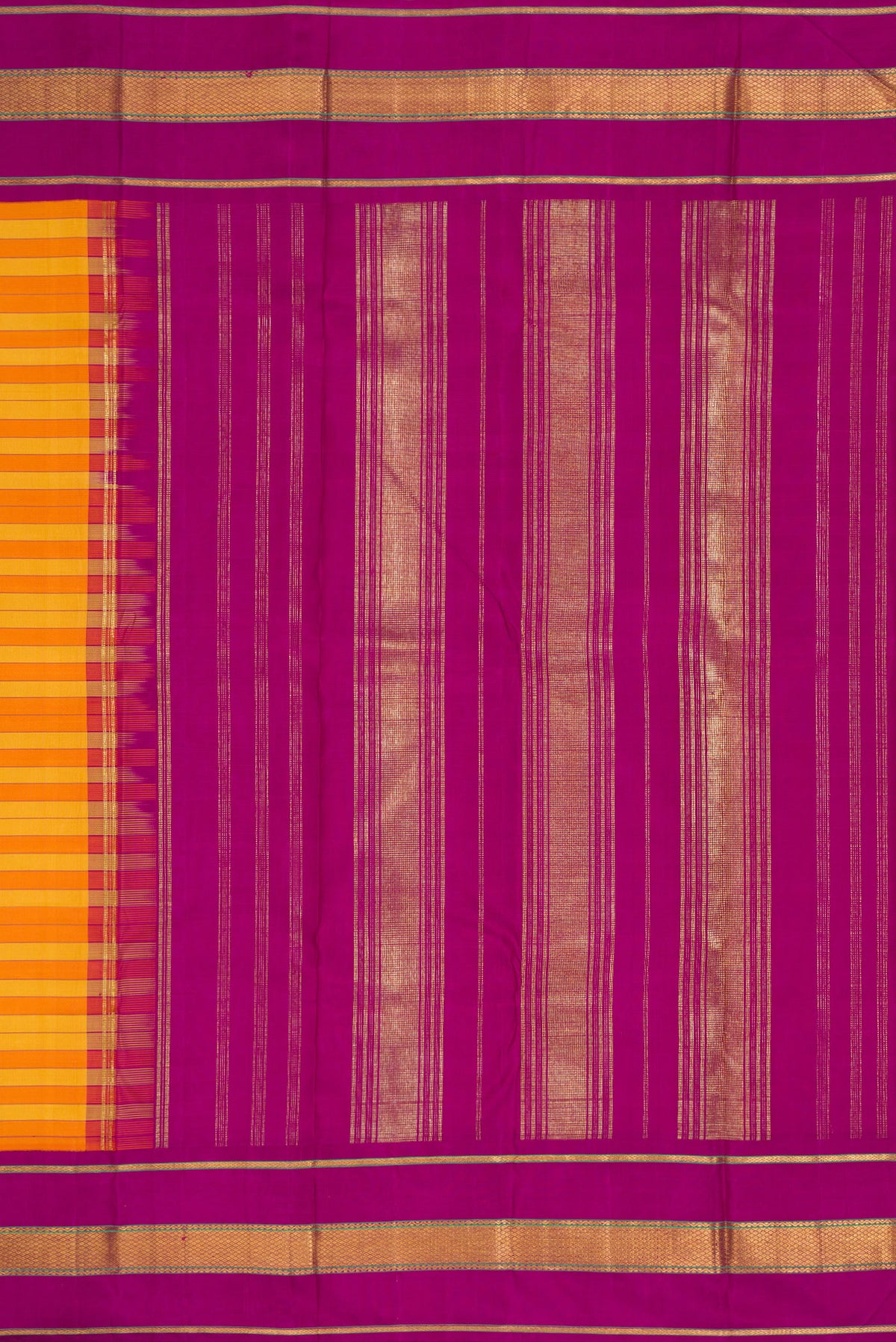 Close up image of the pallu of Mustard and Orange Color Kanjivaram Silk Saree with Stripes on the body and Zari Border. 