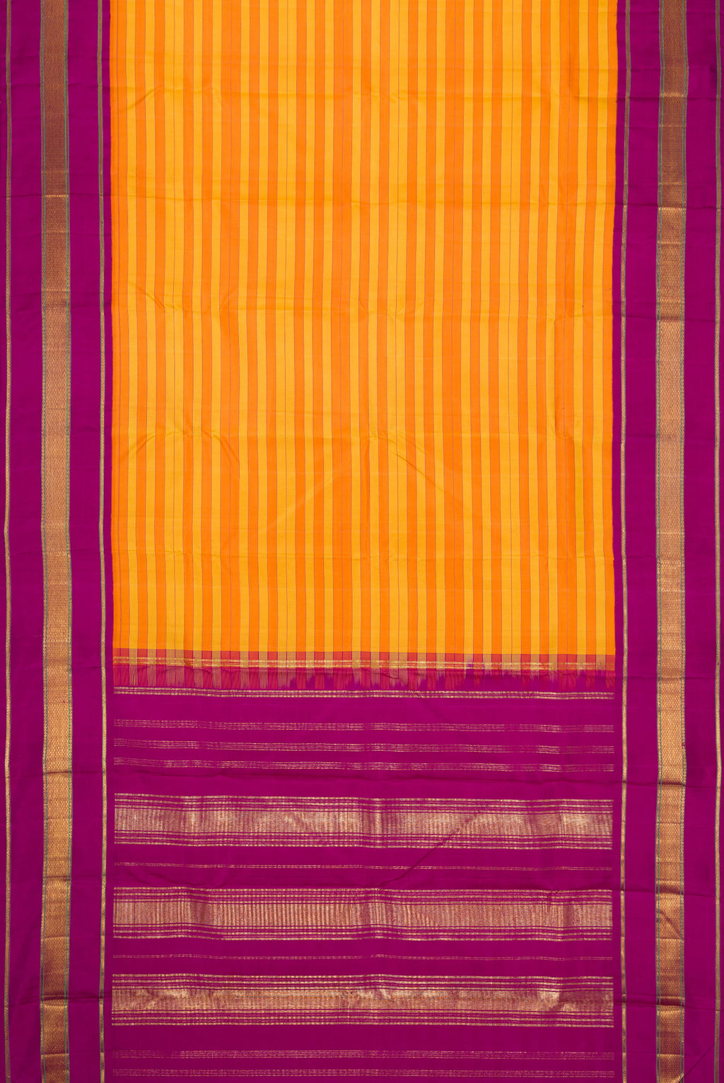 Flat view of Mustard and Orange Color Kanjivaram Silk Saree with Stripes on the body and Zari Border. 