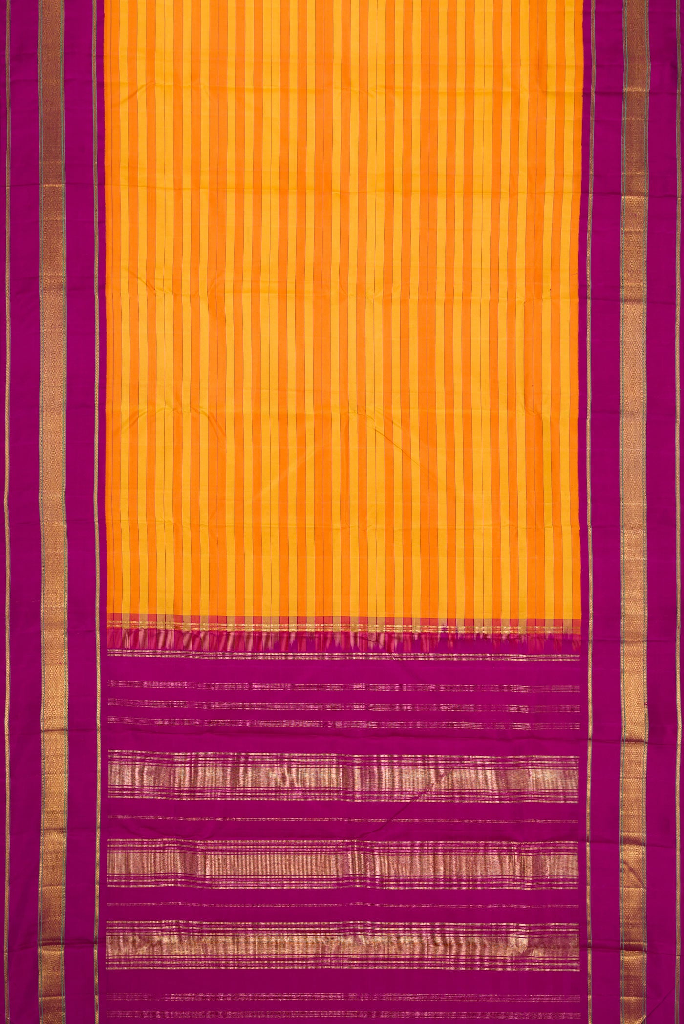 Flat view of Mustard and Orange Color Kanjivaram Silk Saree with Stripes on the body and Zari Border. 