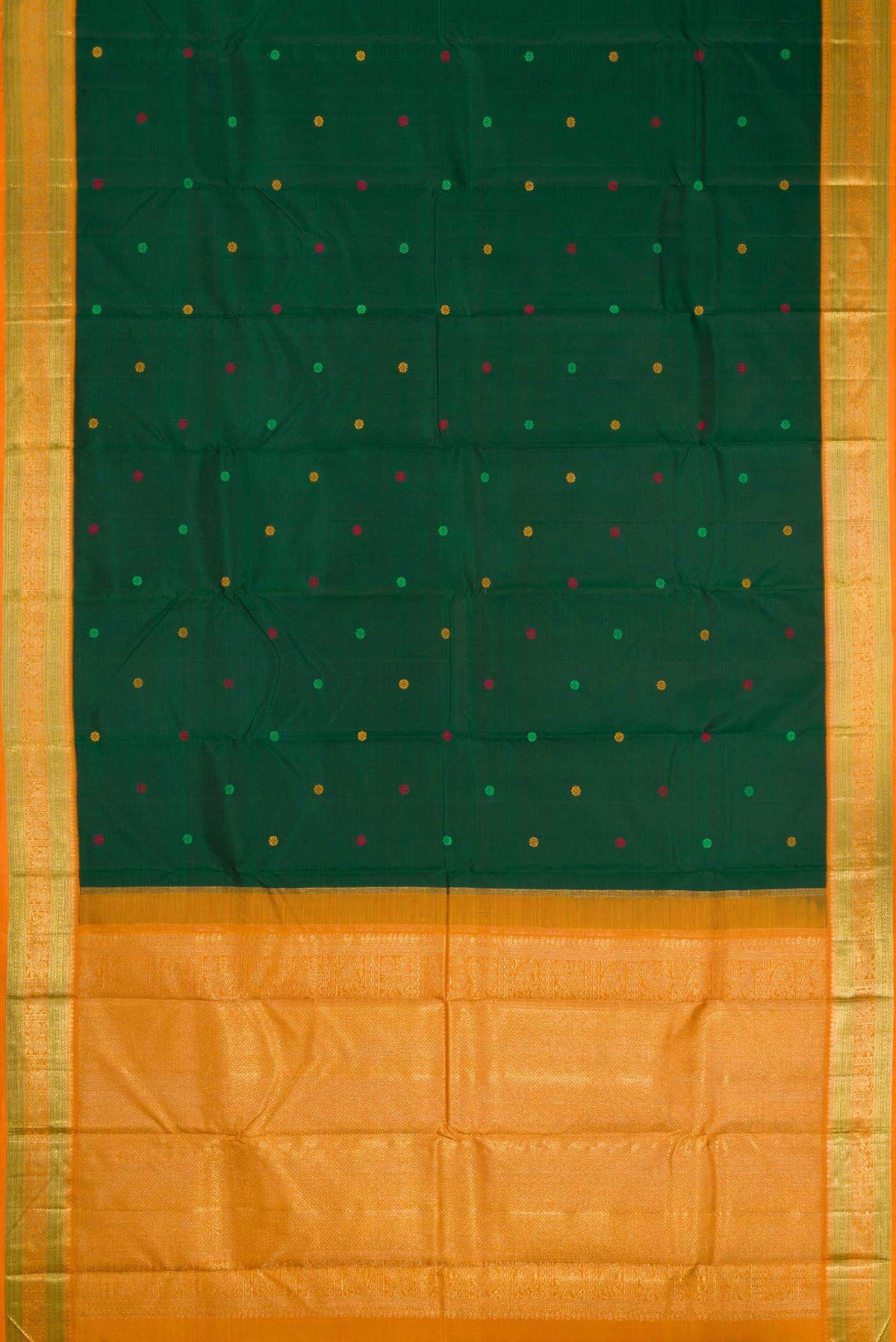 Flat view of Bottle Green Dual Tone Kanchipuram Silk Saree with Thread Butta on the body and Zari Border