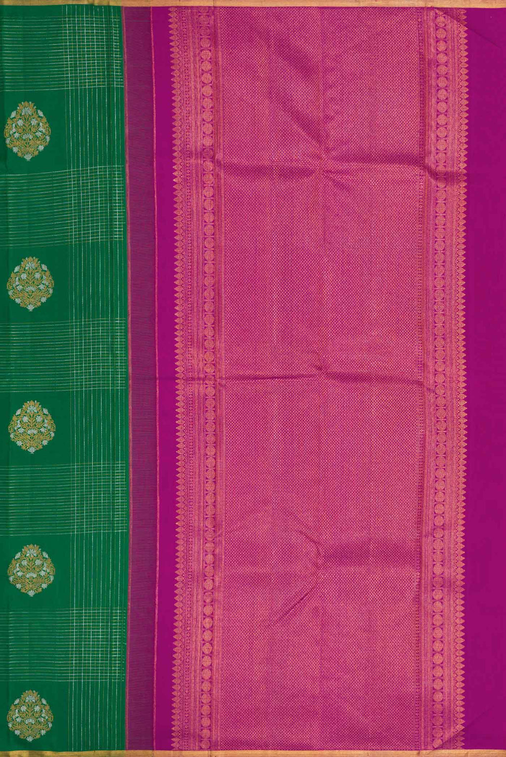 Close up image of the pallu of Pure Silk Pure Zari Green Dual Tone Kanchipuram Saree with Stripes on the body and Zari Border