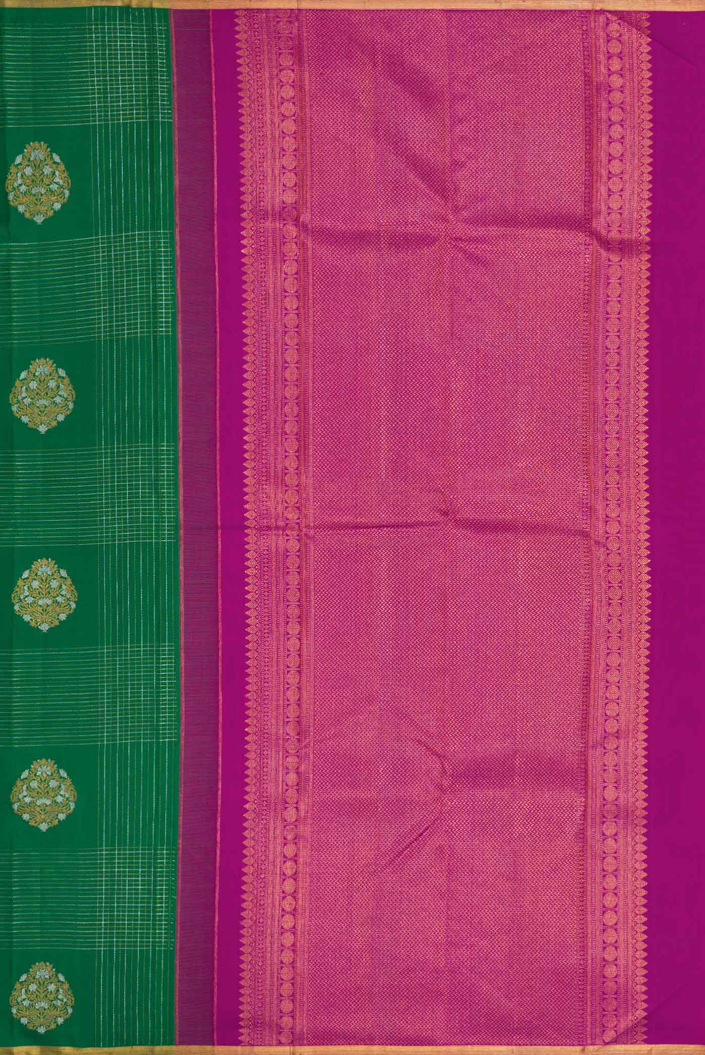 Close up image of the pallu of Pure Silk Pure Zari Green Dual Tone Kanchipuram Saree with Stripes on the body and Zari Border