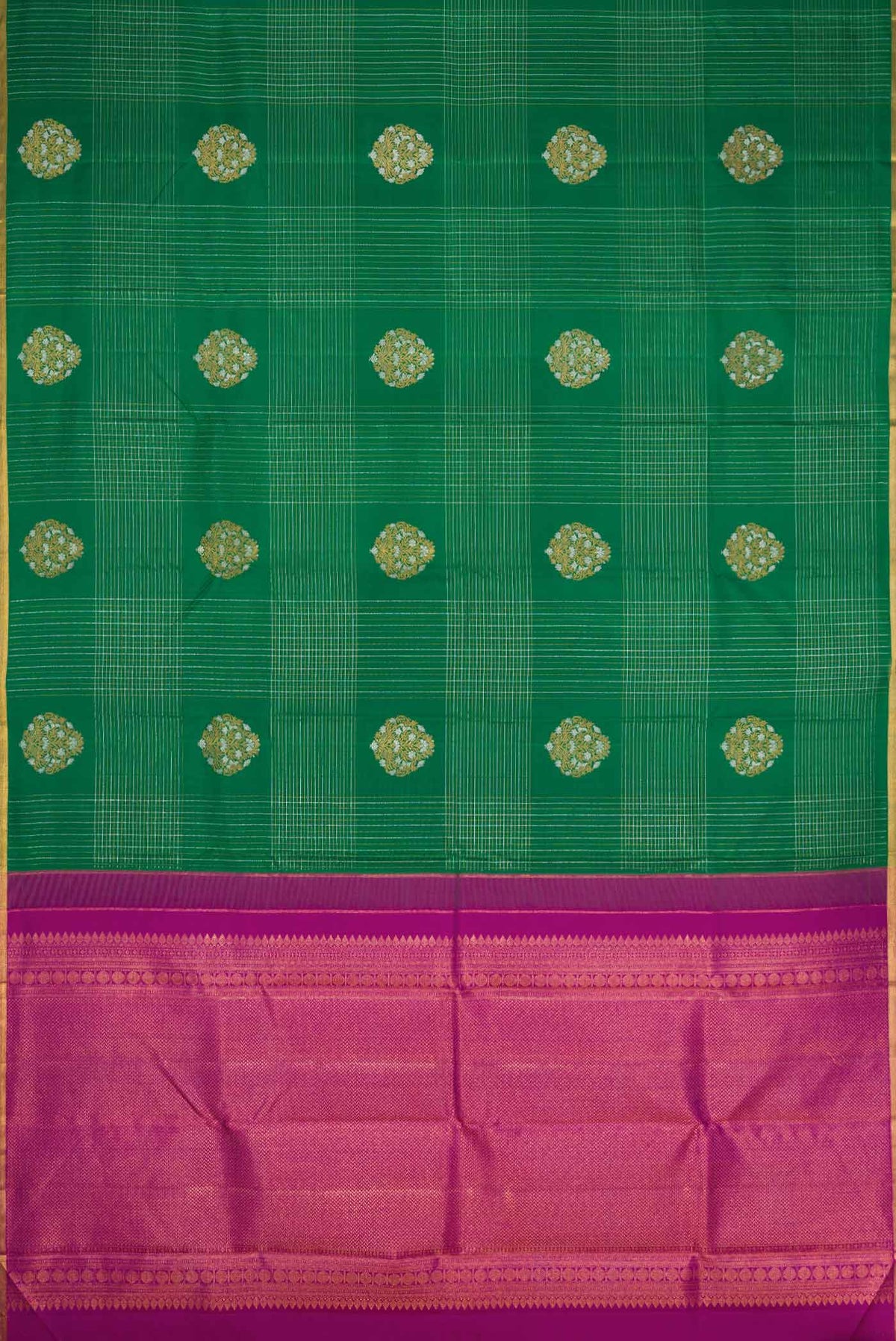 Flat view of Pure Silk Pure Zari Green Dual Tone Kanchipuram Saree with Stripes on the body and Zari Border