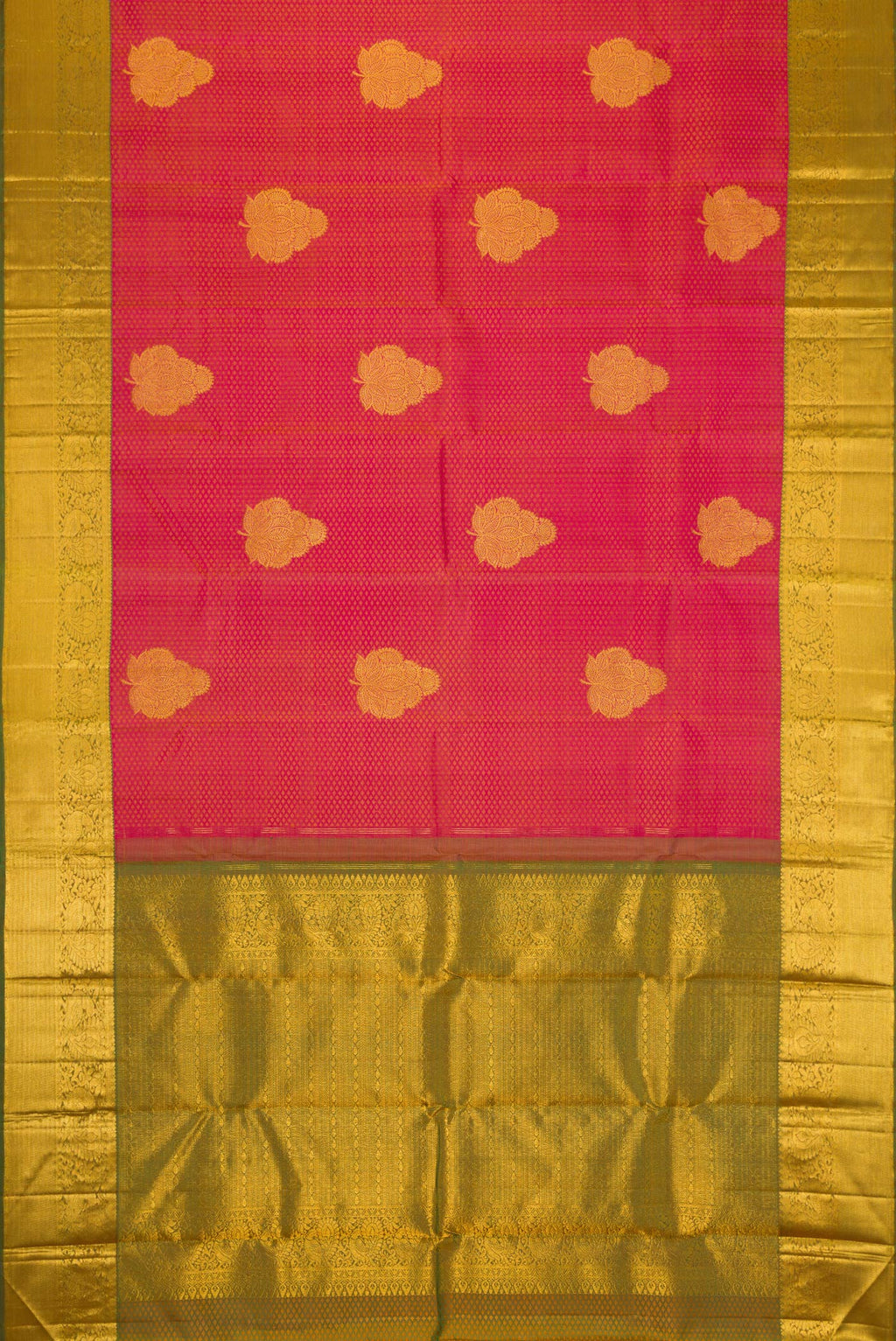 Flat view of Dark Pink Dual Tone Kanchipuram Silk Saree with Jacquard With Zari Butta on the body and Zari Border. 