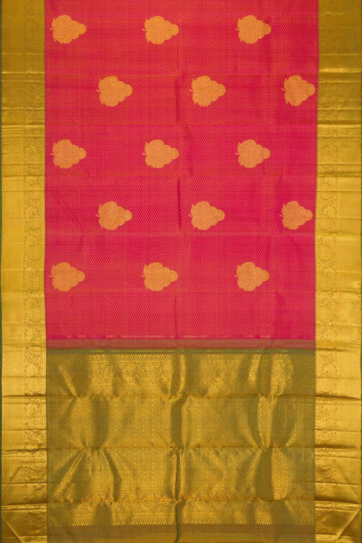 Flat view of Dark Pink Dual Tone Kanchipuram Silk Saree with Jacquard With Zari Butta on the body and Zari Border. 