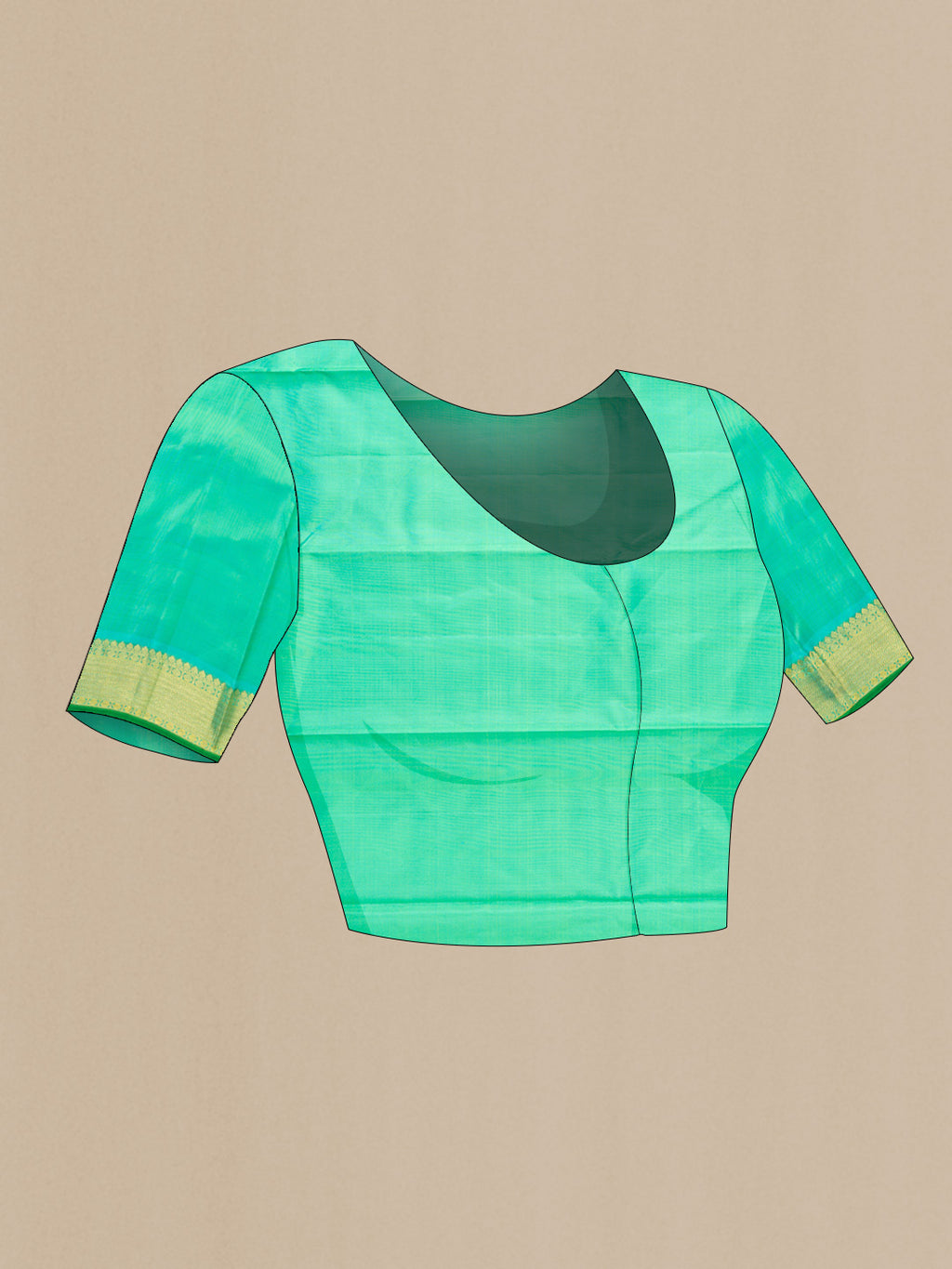 Close up image of the blouse of Parrot Green Dual Tone Kanchipuram Silk Saree with Zari Butta on the body and Zari Border. 