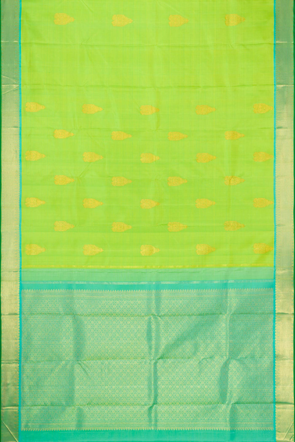 Flat view of Parrot Green Dual Tone Kanchipuram Silk Saree with Zari Butta on the body and Zari Border. 