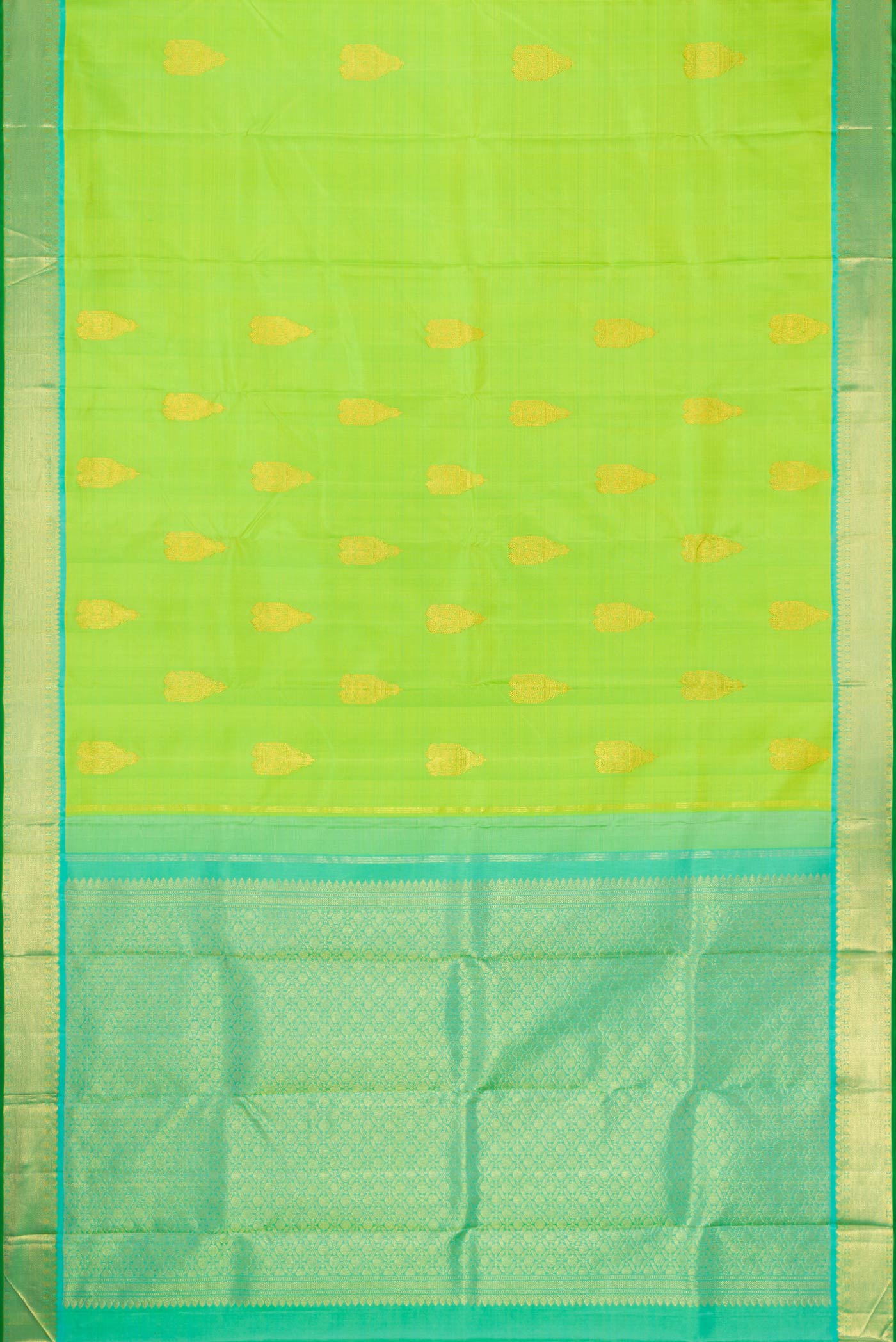 Flat view of Parrot Green Dual Tone Kanchipuram Silk Saree with Zari Butta on the body and Zari Border. 