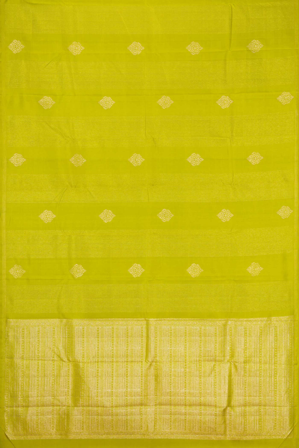 Flat view of Parrot Green Dual Tone Kanchipuram Silk Saree with Stripes on the body and Zari Border. 