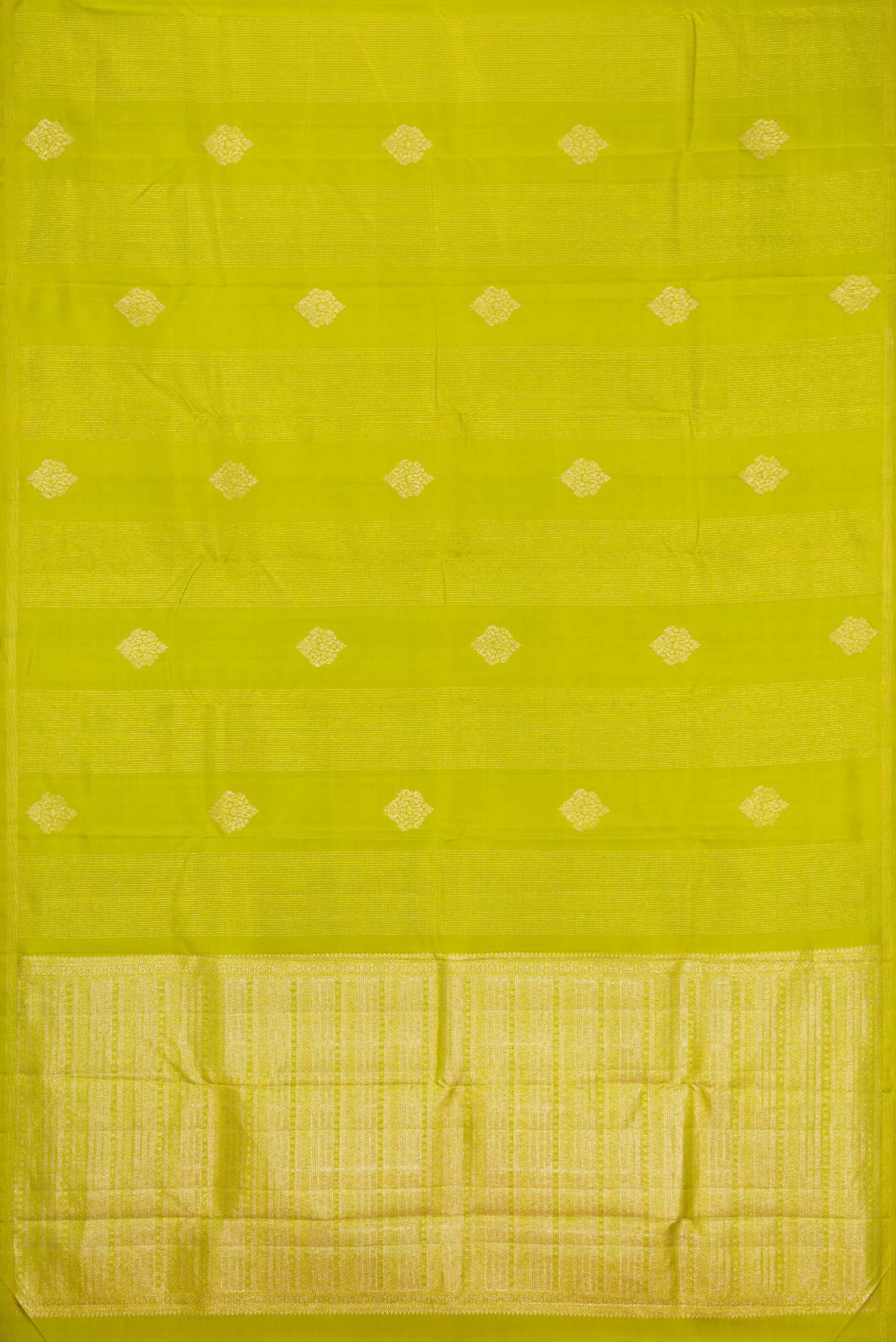 Flat view of Parrot Green Dual Tone Kanchipuram Silk Saree with Stripes on the body and Zari Border. 