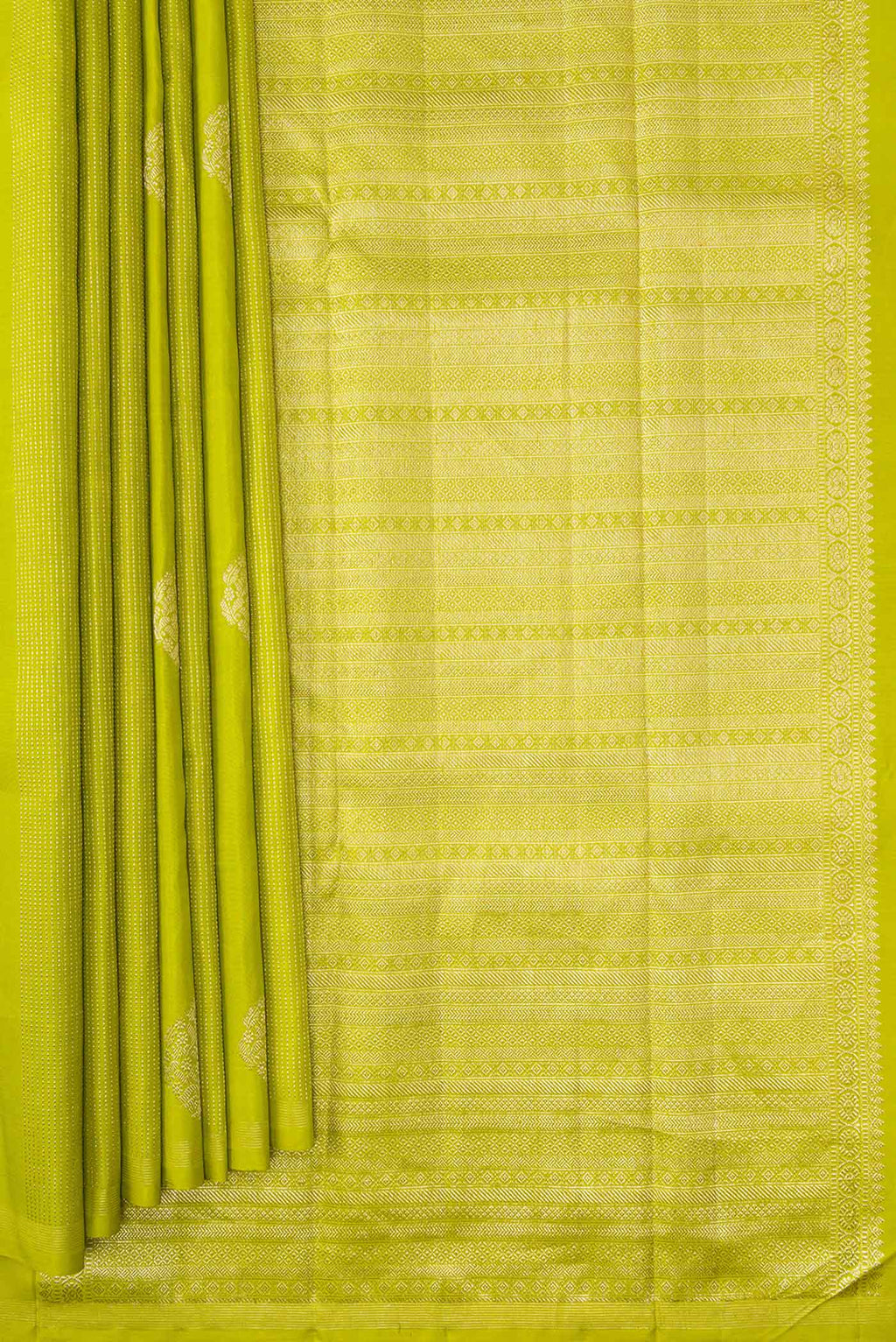 Pleats and pallu of Parrot Green Dual Tone Kanchipuram Silk Saree with Stripes on the body and Zari Border. 