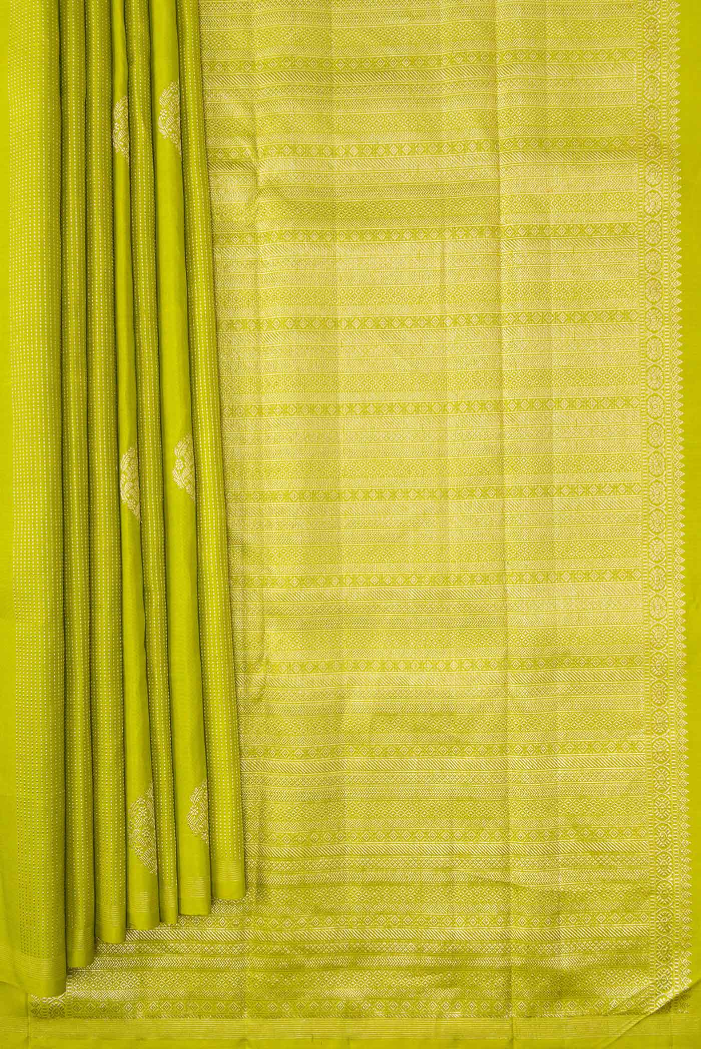 Pleats and pallu of Parrot Green Dual Tone Kanchipuram Silk Saree with Stripes on the body and Zari Border. 