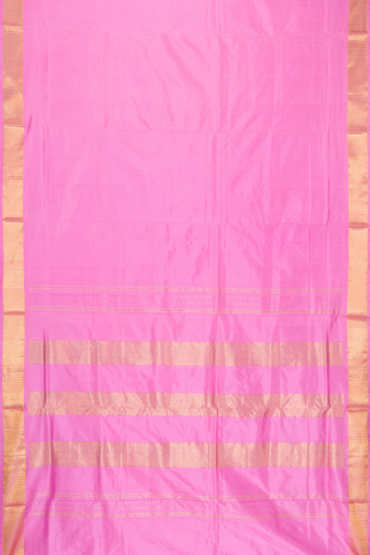 Flat view of Pink Dual Tone Kanchipuram Silk Nine Yards Saree with Plain Body and Zari Border. 