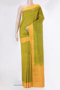 Pure Silk Parrot Green Kanchipuram Saree with Stripes on the body and Plain Border.  displayed on a mannequin