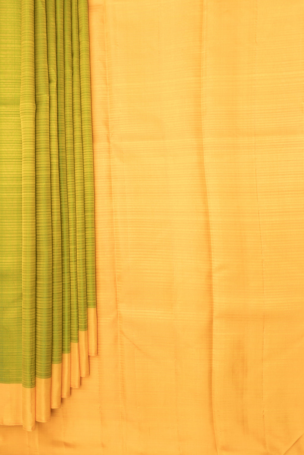 Pleats and pallu of Pure Silk Parrot Green Kanchipuram Saree with Stripes on the body and Plain Border. 