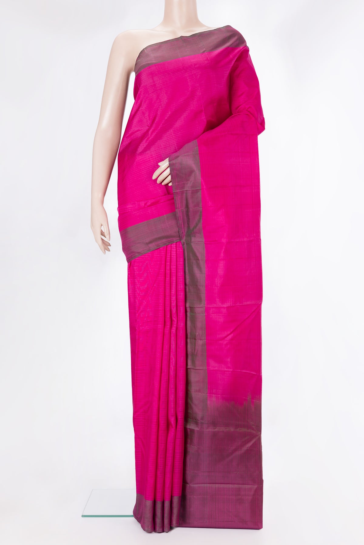 Pure Silk Pink Kanchipuram Saree with Stripes on the body and Plain Border.  displayed on a mannequin