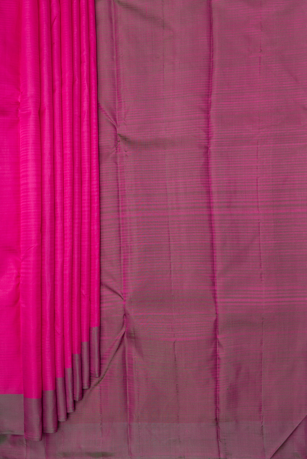 Pleats and pallu of Pure Silk Pink Kanchipuram Saree with Stripes on the body and Plain Border. 
