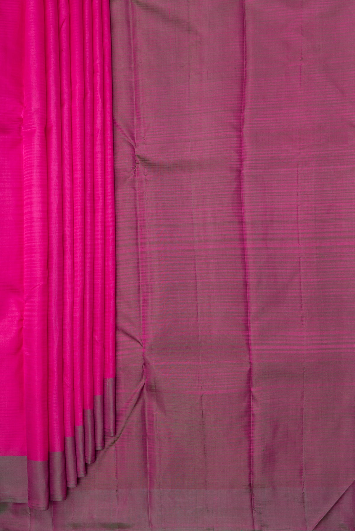Pleats and pallu of Pure Silk Pink Kanchipuram Saree with Stripes on the body and Plain Border. 