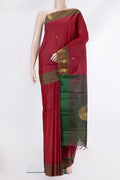 Pure Silk Deep Red Kanjivaram Saree with Zari Butta on the body and Fancy Border.  displayed on a mannequin