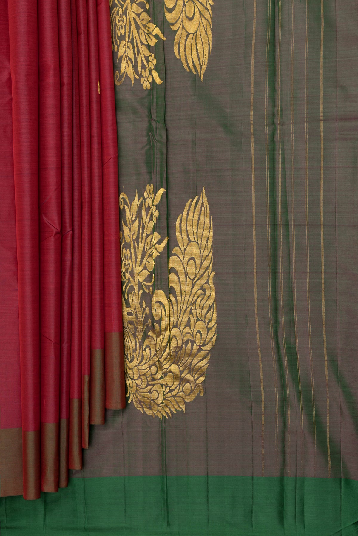 Pleats and pallu of Pure Silk Deep Red Kanjivaram Saree with Zari Butta on the body and Fancy Border. 