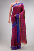 Pure Silk Pure Zari Purple Dual Tone Kanchipuram Nine Yards Saree with Stripes on the body and Zari Border.  displayed on a mannequin