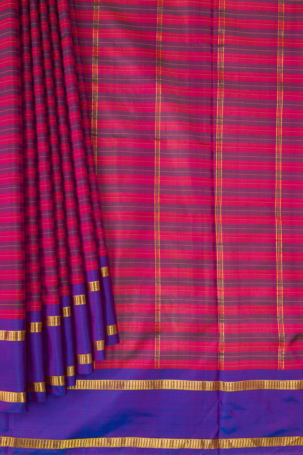 Pleats and pallu of Pure Silk Pure Zari Purple Dual Tone Kanchipuram Nine Yards Saree with Stripes on the body and Zari Border. 