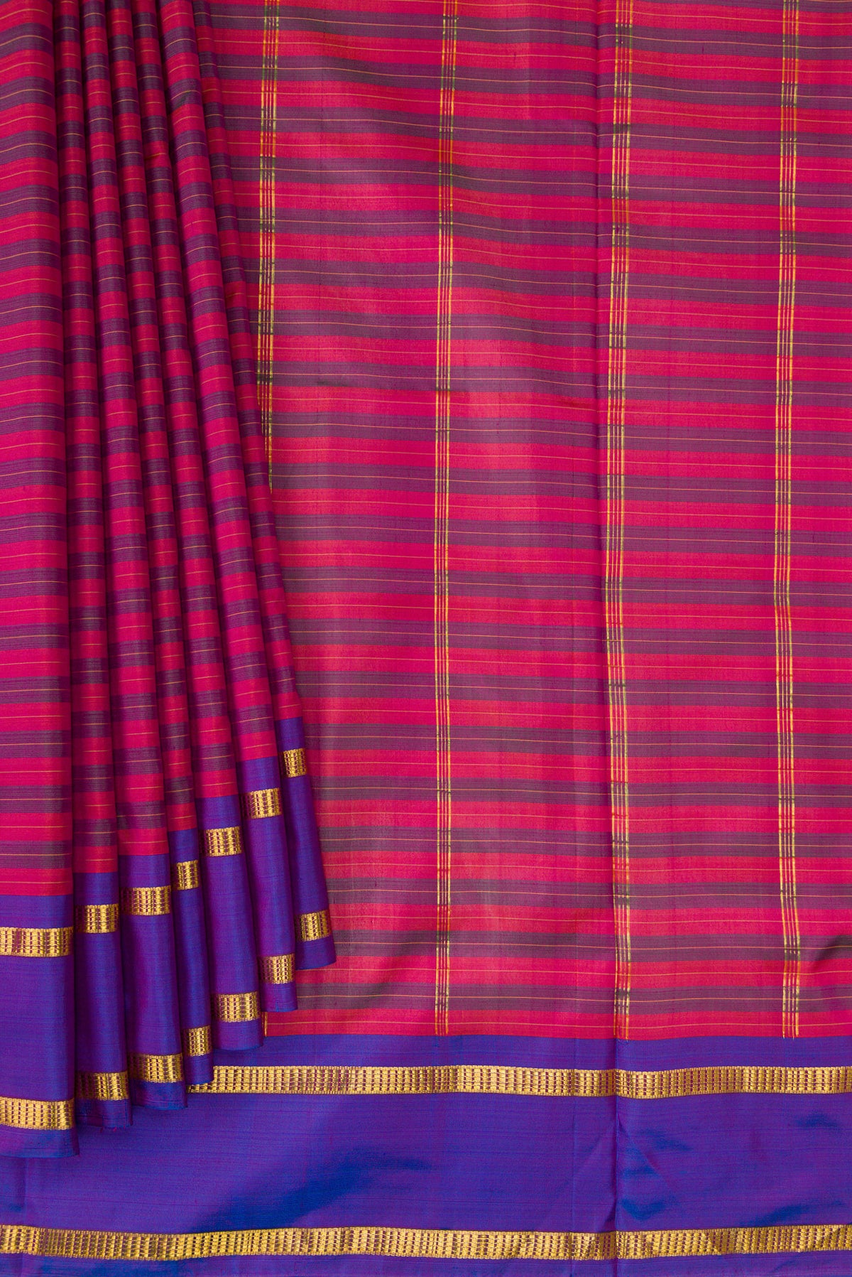 Pleats and pallu of Pure Silk Pure Zari Purple Dual Tone Kanchipuram Nine Yards Saree with Stripes on the body and Zari Border. 