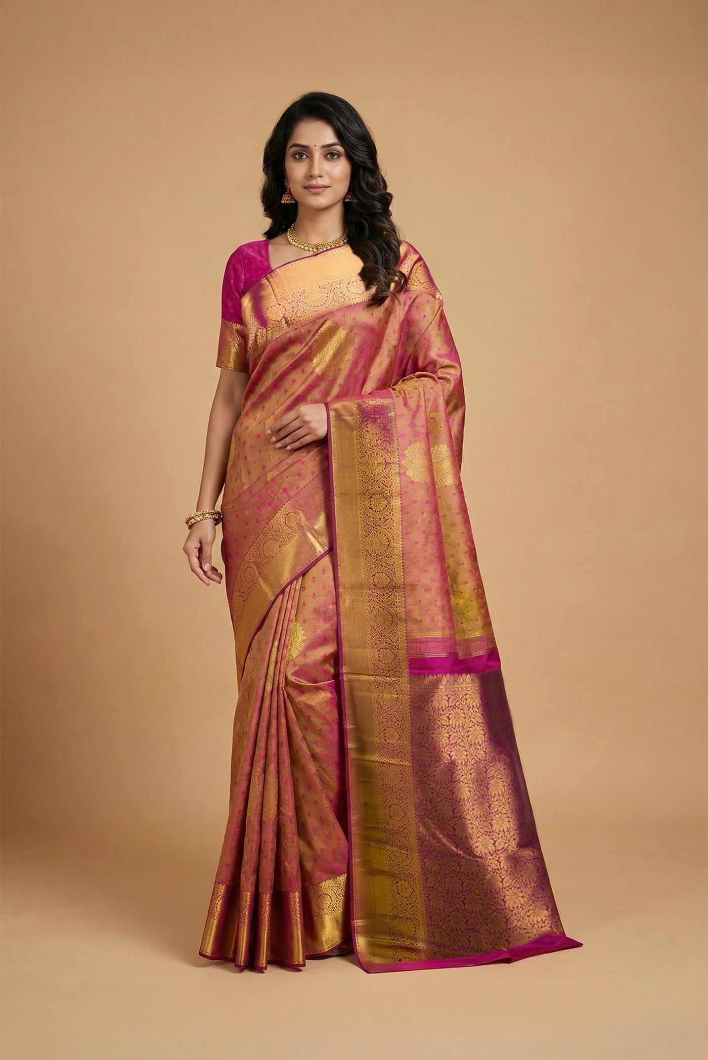 Model wearing a Magenta with Mustard Color Kanchipuram Silk Saree with Jacquard design on the body and Zari Border.
