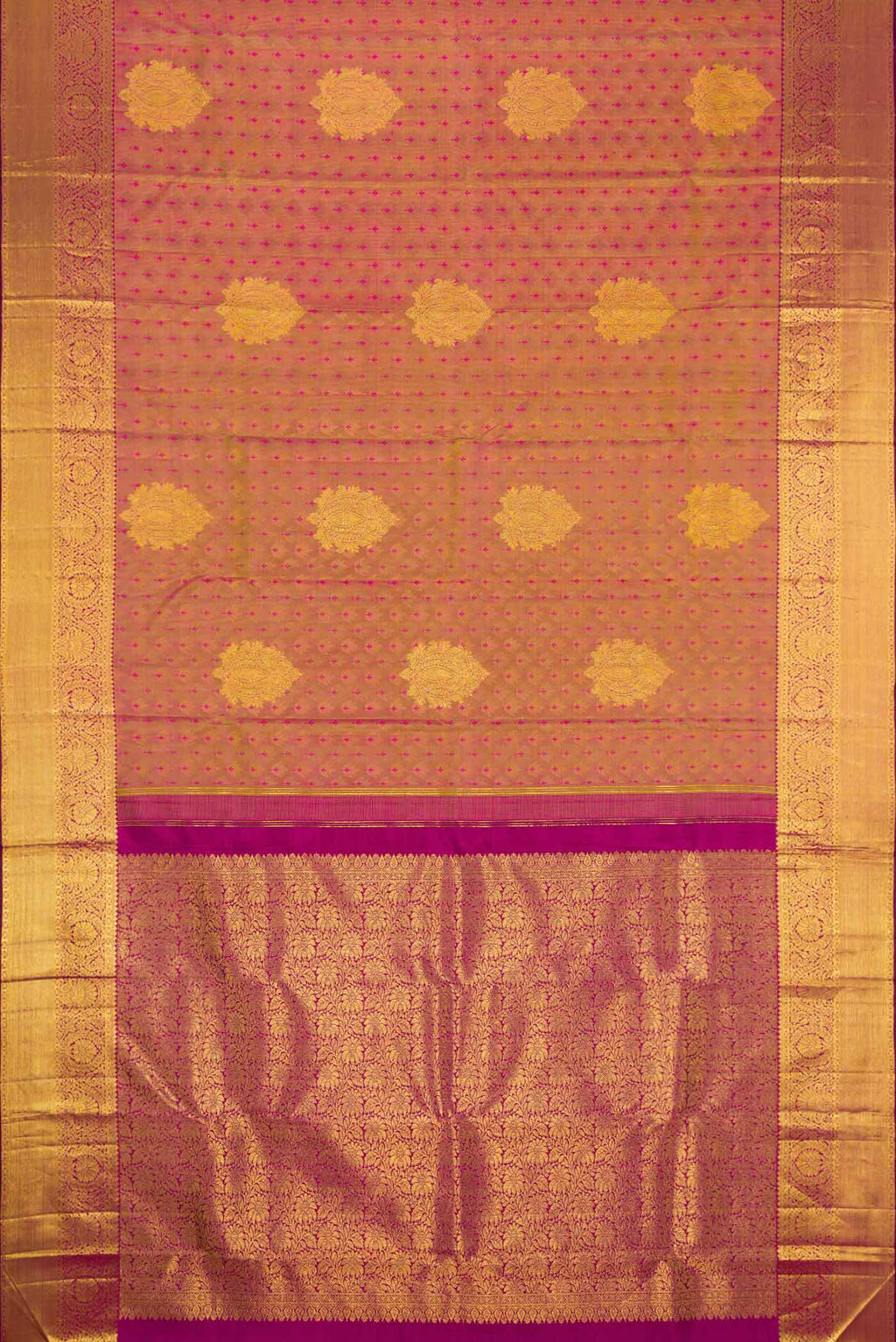 Flat view of Mehandi Green Dual Tone Kanchipuram Silk Saree with Jacquard design on the body and Zari Border. 