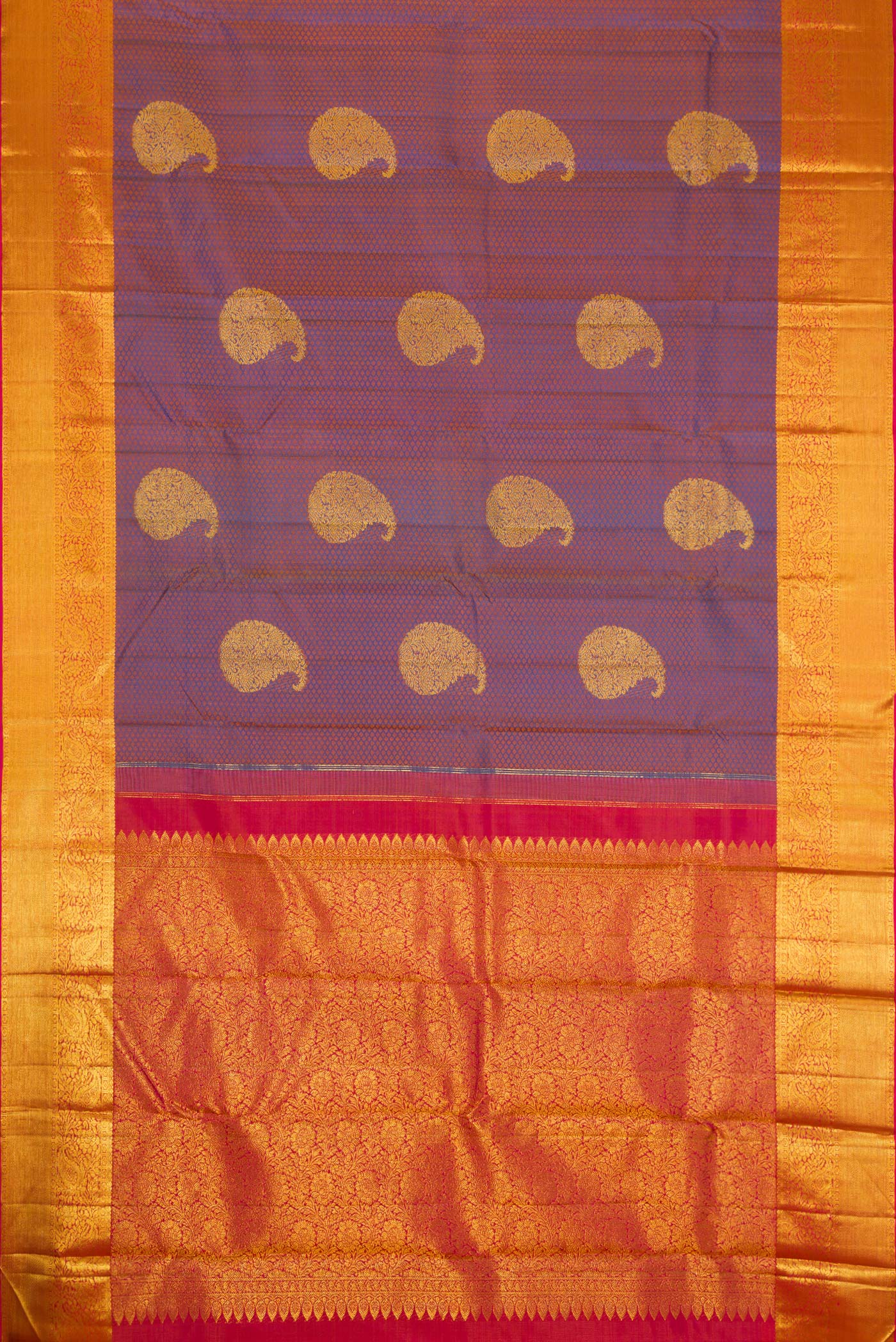 Flat view of Peacock Blue Dual Tone Kanchipuram Silk Saree with Jacquard With Zari Butta on the body and Zari Border. 