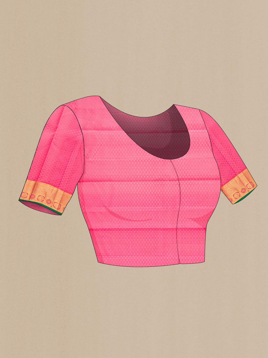 Close up image of the blouse of Parrot Green Dual Tone Kanjivaram Silk Saree with Jacquard With Zari Butta on the body and Zari Border. 