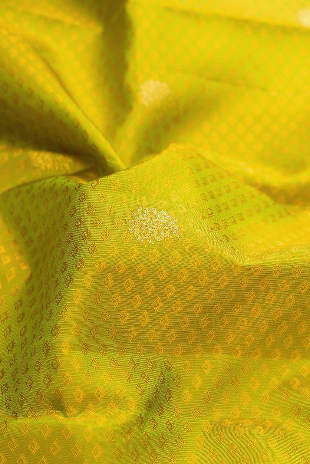Close up of Parrot Green Dual Tone Kanjivaram Silk Saree with Jacquard With Zari Butta on the body and Zari Border.  displaying folds