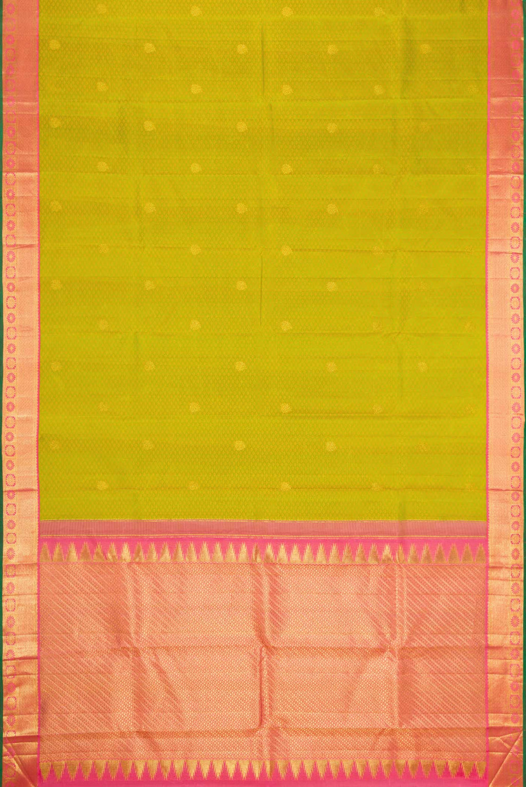 Flat view of Parrot Green Dual Tone Kanjivaram Silk Saree with Jacquard With Zari Butta on the body and Zari Border. 