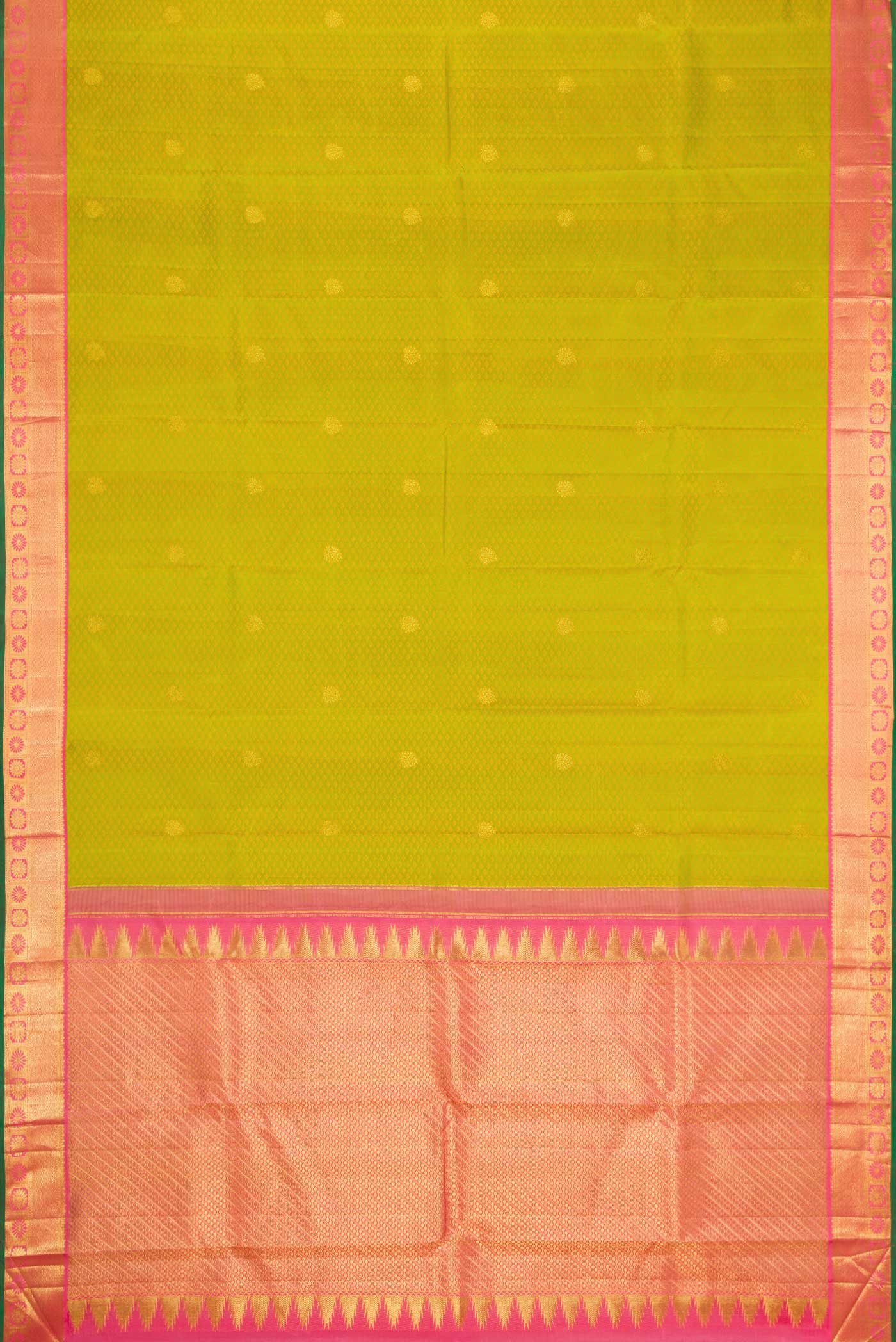 Flat view of Parrot Green Dual Tone Kanjivaram Silk Saree with Jacquard With Zari Butta on the body and Zari Border. 
