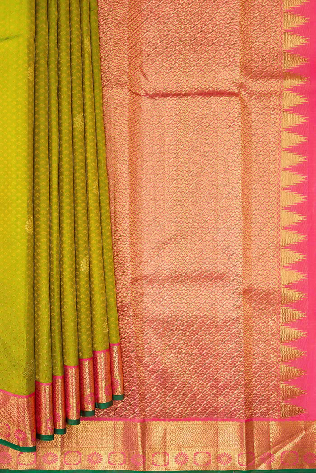 Pleats and pallu of Parrot Green Dual Tone Kanjivaram Silk Saree with Jacquard With Zari Butta on the body and Zari Border. 