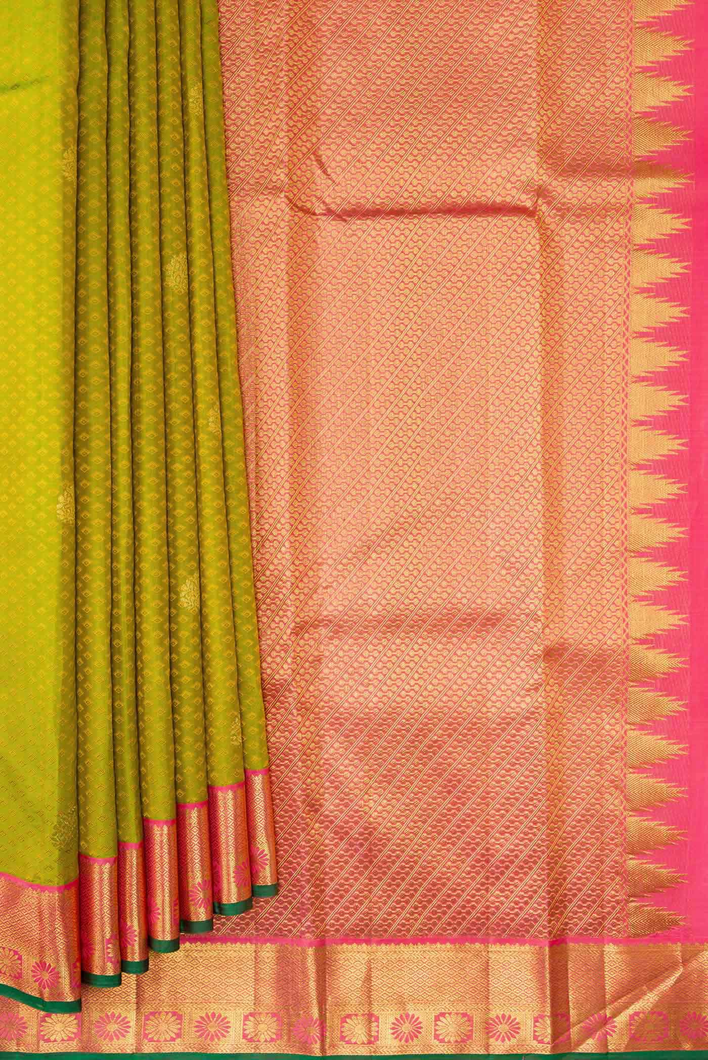 Pleats and pallu of Parrot Green Dual Tone Kanjivaram Silk Saree with Jacquard With Zari Butta on the body and Zari Border. 