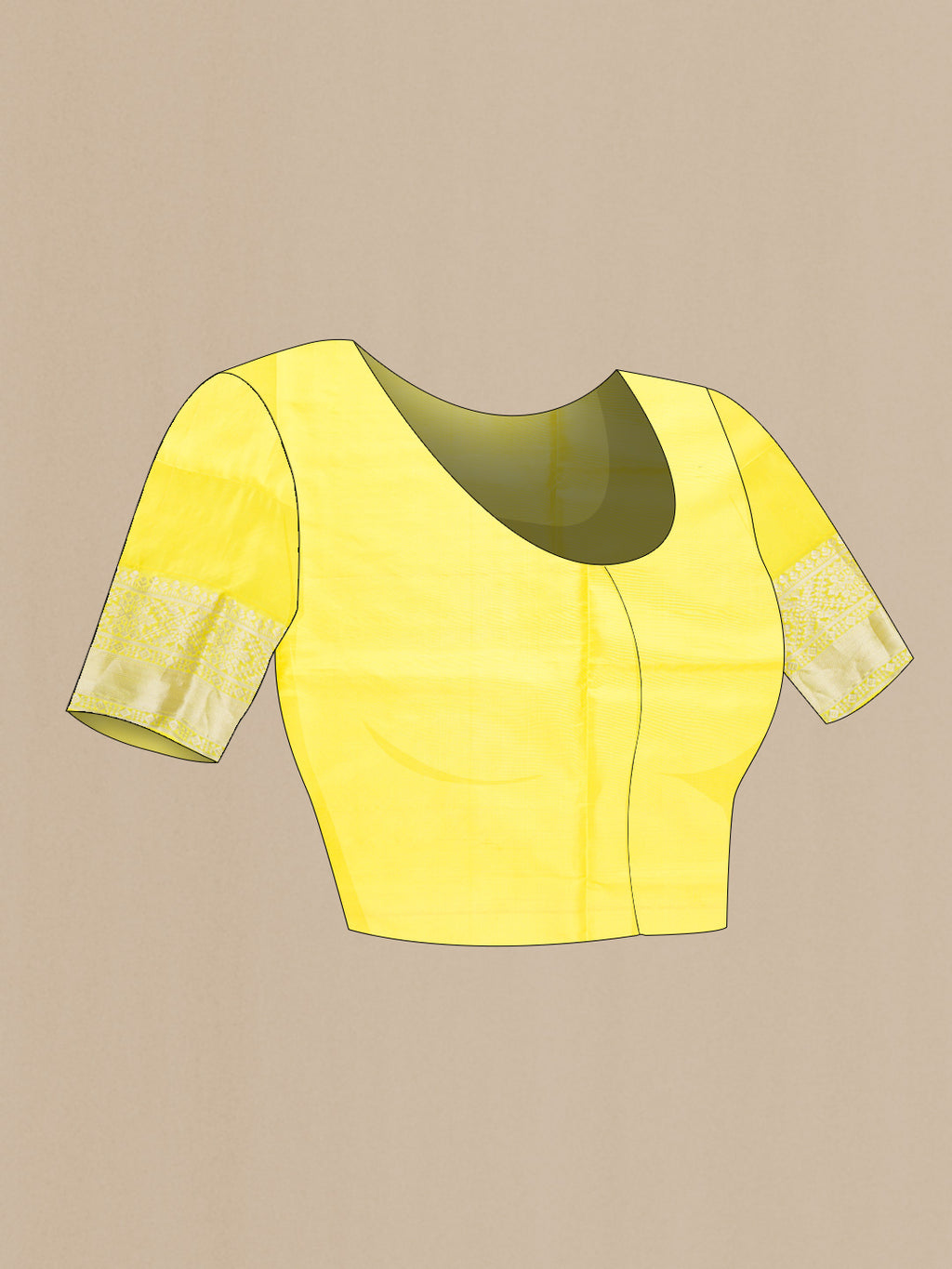 Close up image of the blouse of Lemon Yellow Dual Tone Soft Silk Saree with Stripes on the body and Zari Border. 