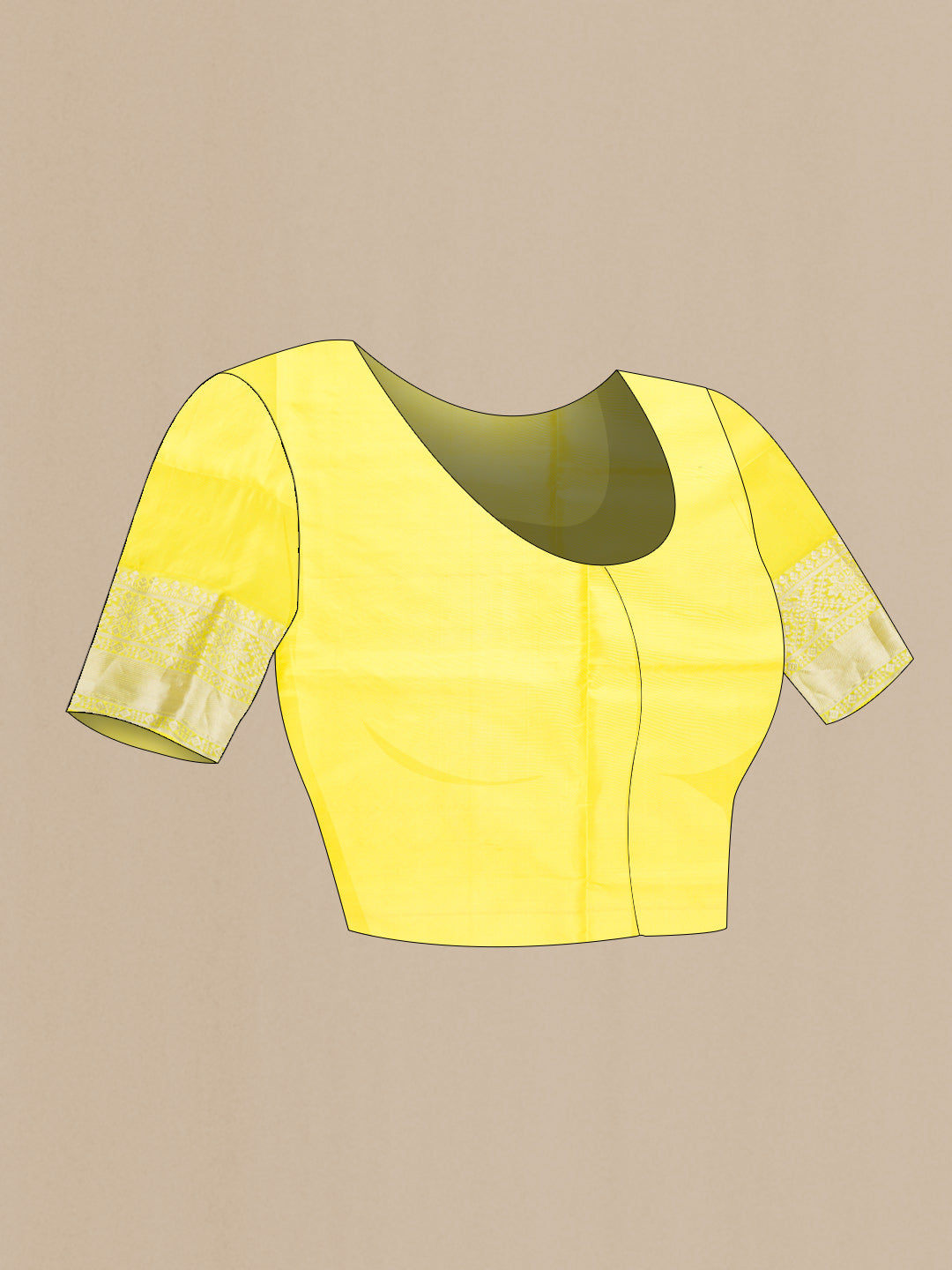 Close up image of the blouse of Lemon Yellow Dual Tone Soft Silk Saree with Stripes on the body and Zari Border. 