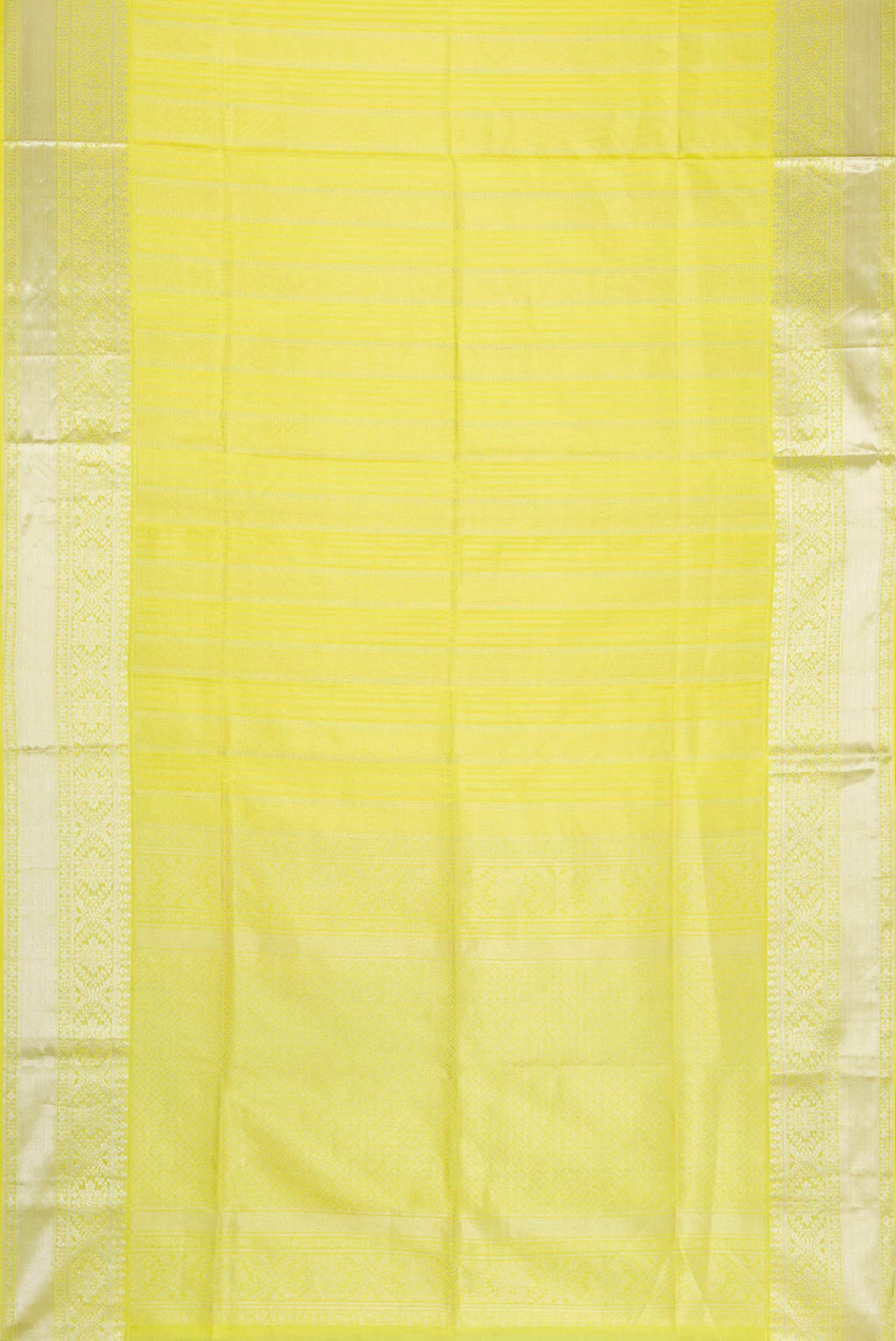 Flat view of Lemon Yellow Dual Tone Soft Silk Saree with Stripes on the body and Zari Border. 