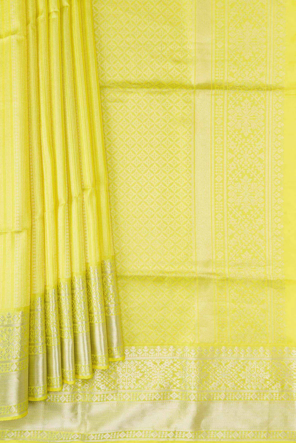 Pleats and pallu of Lemon Yellow Dual Tone Soft Silk Saree with Stripes on the body and Zari Border. 