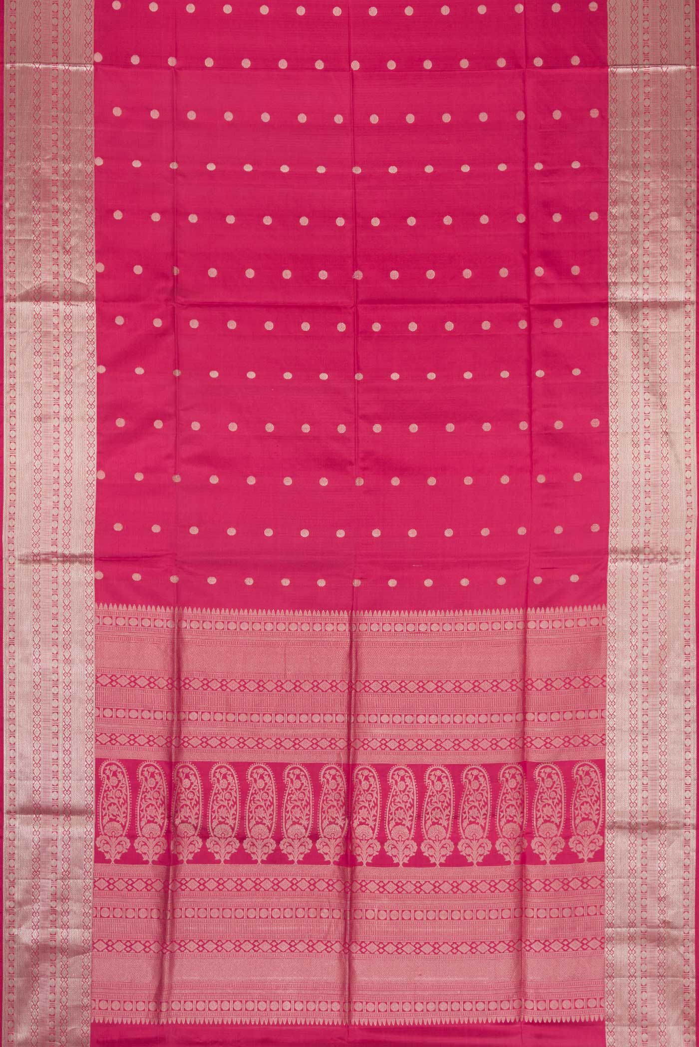 Flat view of Dark Pink Dual Tone Kanchipuram Silk Saree with Zari Butta on the body and Zari Border. 