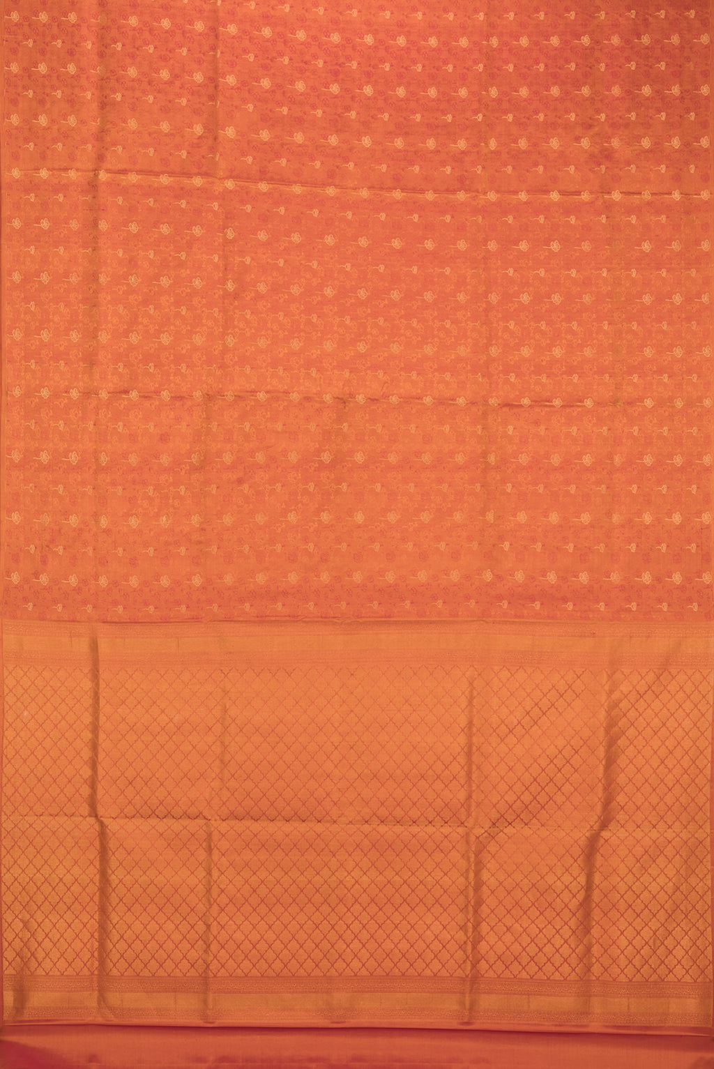 Flat view of Pure Silk Orange Soft Saree with Jacquard With Zari Butta on the body and Without Border. 
