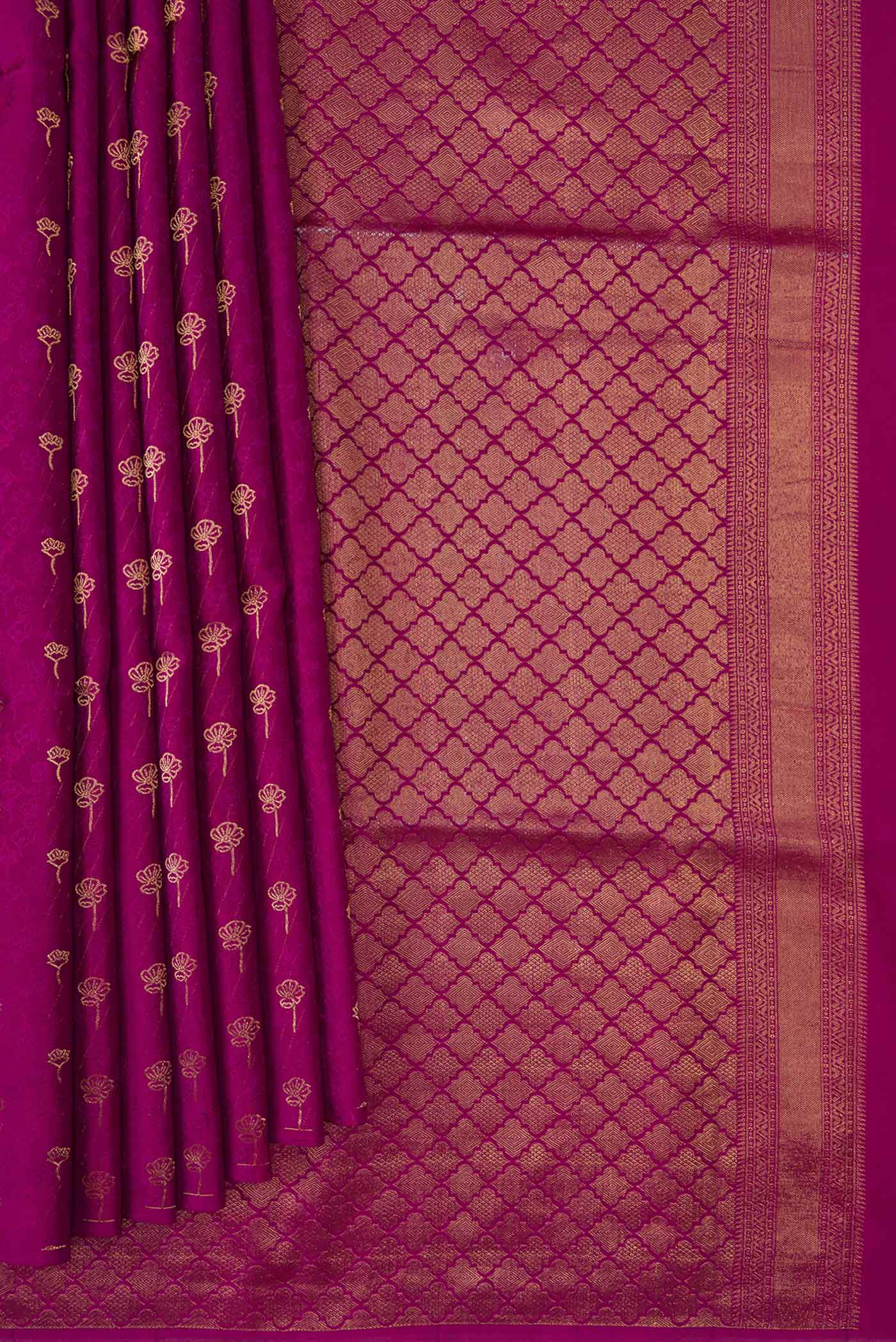 Pleats and pallu of Purple Dual Tone Soft Silk Saree with Jacquard With Zari Butta on the body and Without Border. 